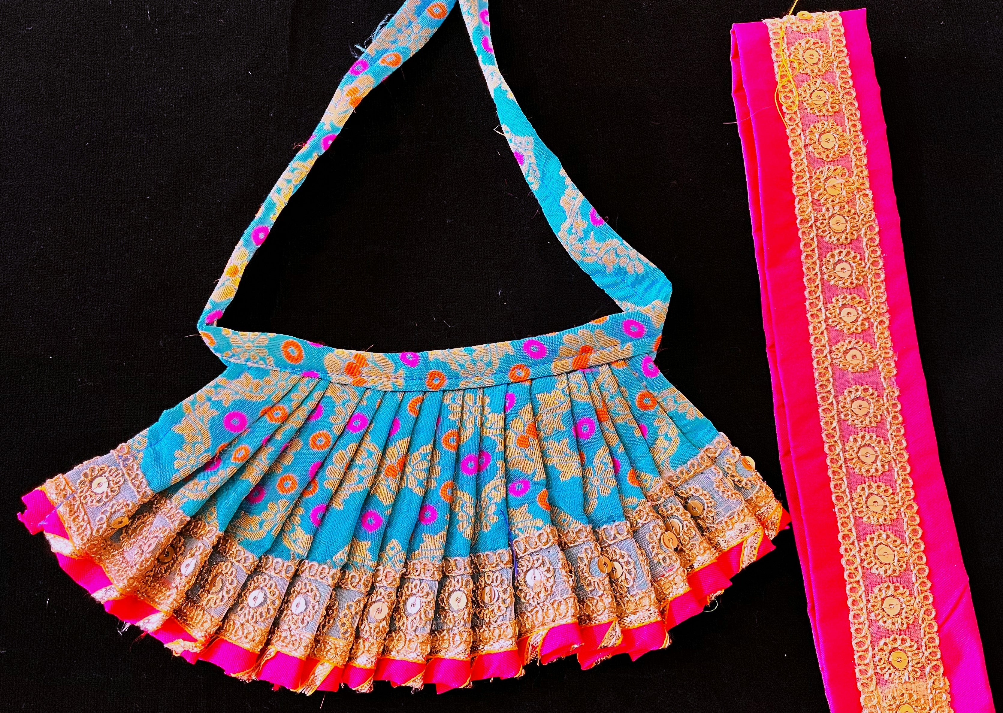 Deity half saree / lehenga patka made of Multicoloured Chanderi Silk fabric (Not Pure Silk) - Sky blue Lehenga with pink contrast and pink tissue silk dupatta 2