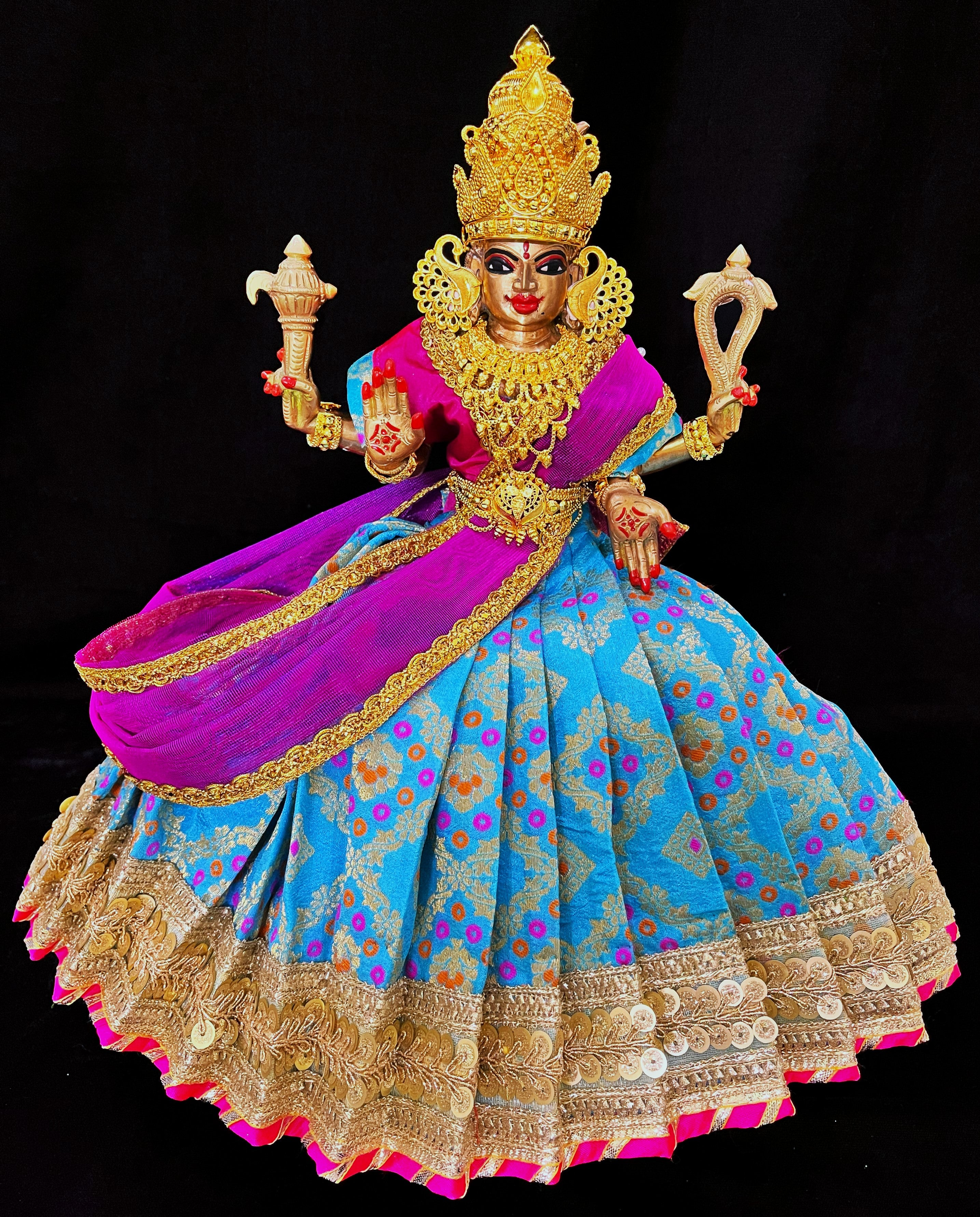 Deity half saree / lehenga patka made of Multicoloured Chanderi Silk fabric (Not Pure Silk) - Sky blue Lehenga with pink contrast and pink tissue silk dupatta 3