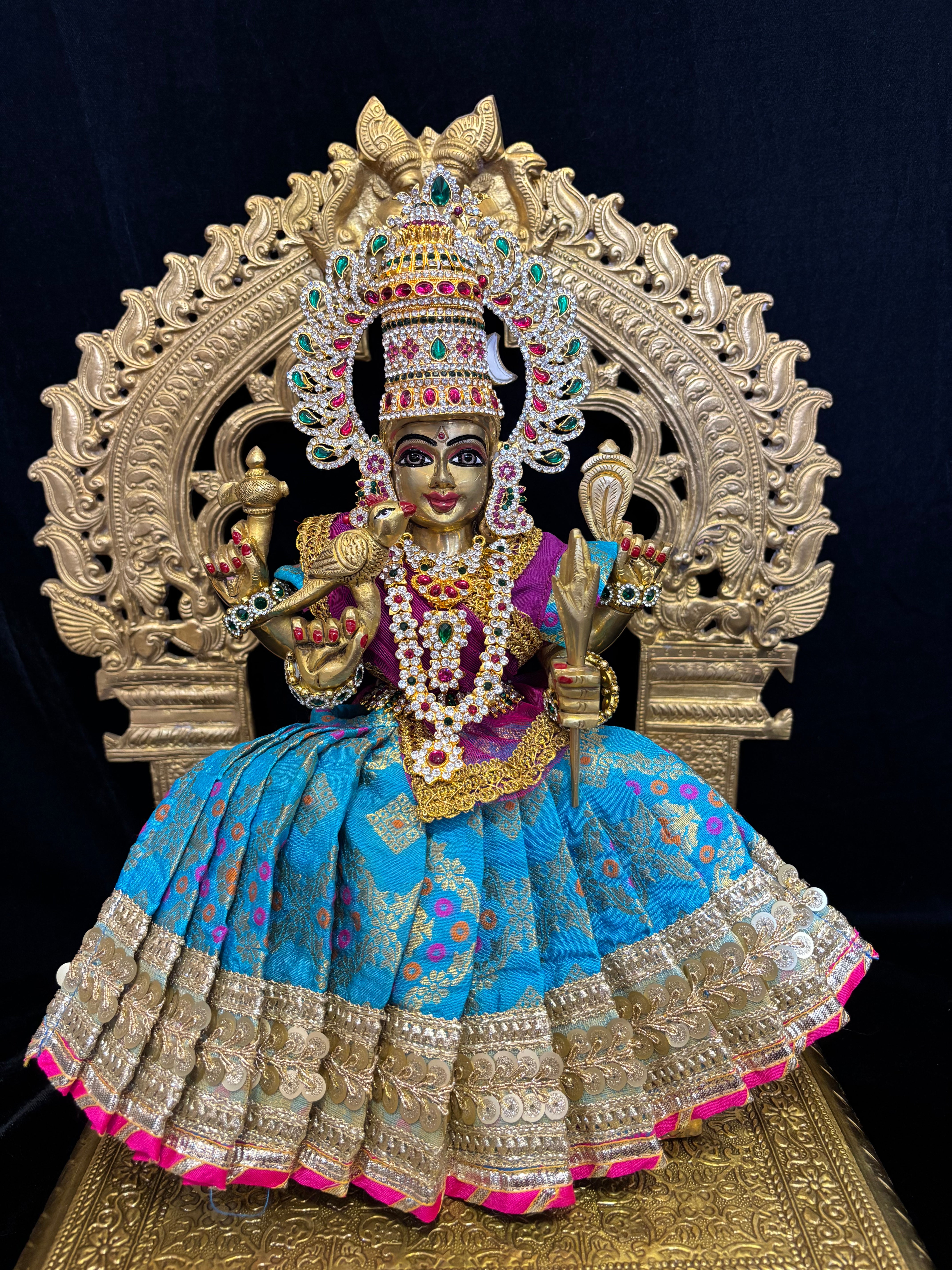 Deity half saree / lehenga patka made of Multicoloured Chanderi  Silk fabric (Not Pure Silk) - Sky blue Lehenga with pink contrast and pink tissue silk dupatta 1