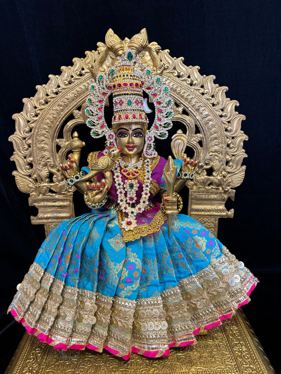 Deity half saree / lehenga patka made of Multicoloured Chanderi  Silk fabric (Not Pure Silk) - Sky blue Lehenga with pink contrast and pink tissue silk dupatta