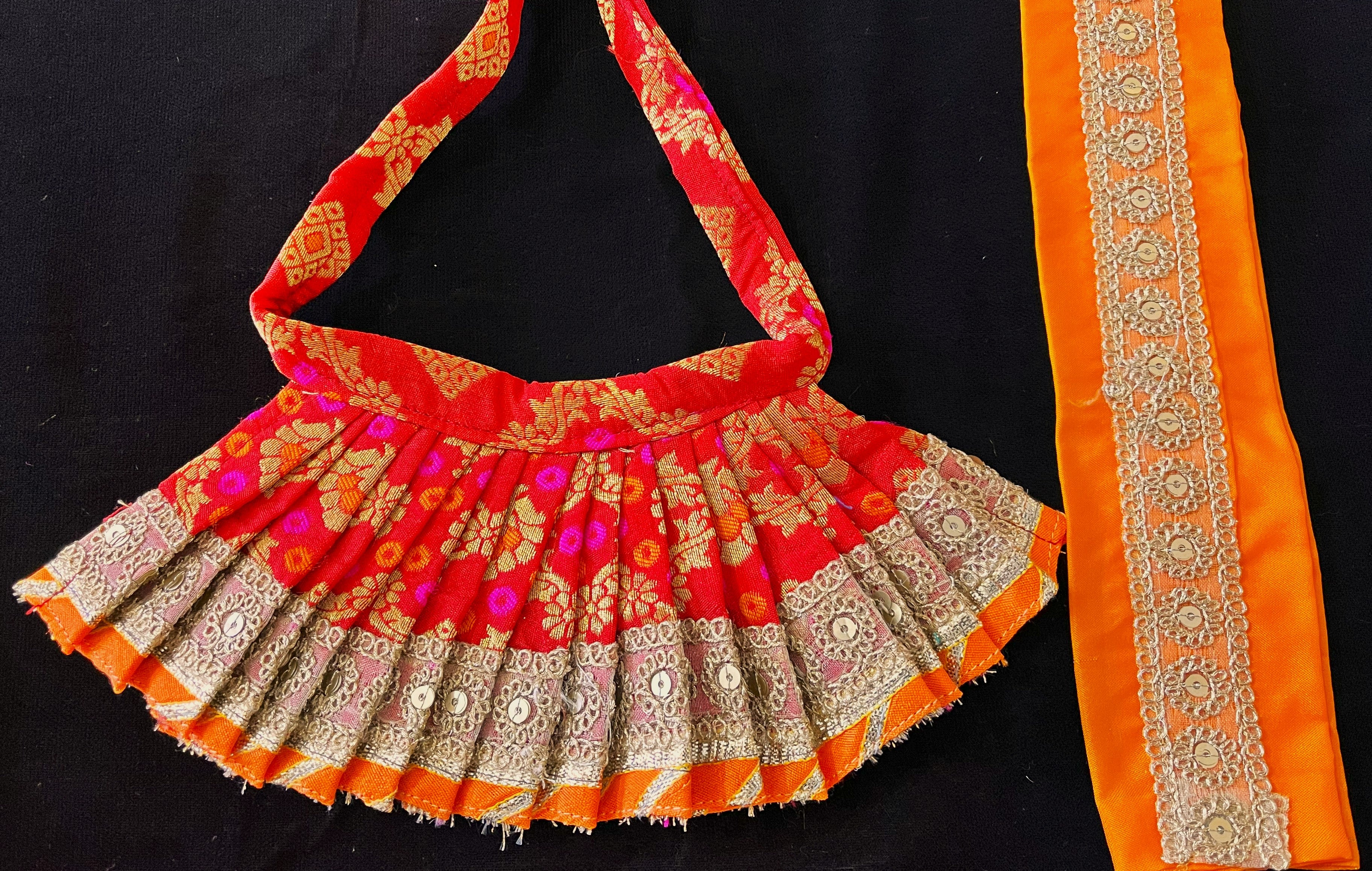 Deity half saree / lehenga patka made of Multicoloured Chanderi Silk fabric (Not Pure Silk) - Red Lehenga with orange contrast and orange tissue silk dupatta 2