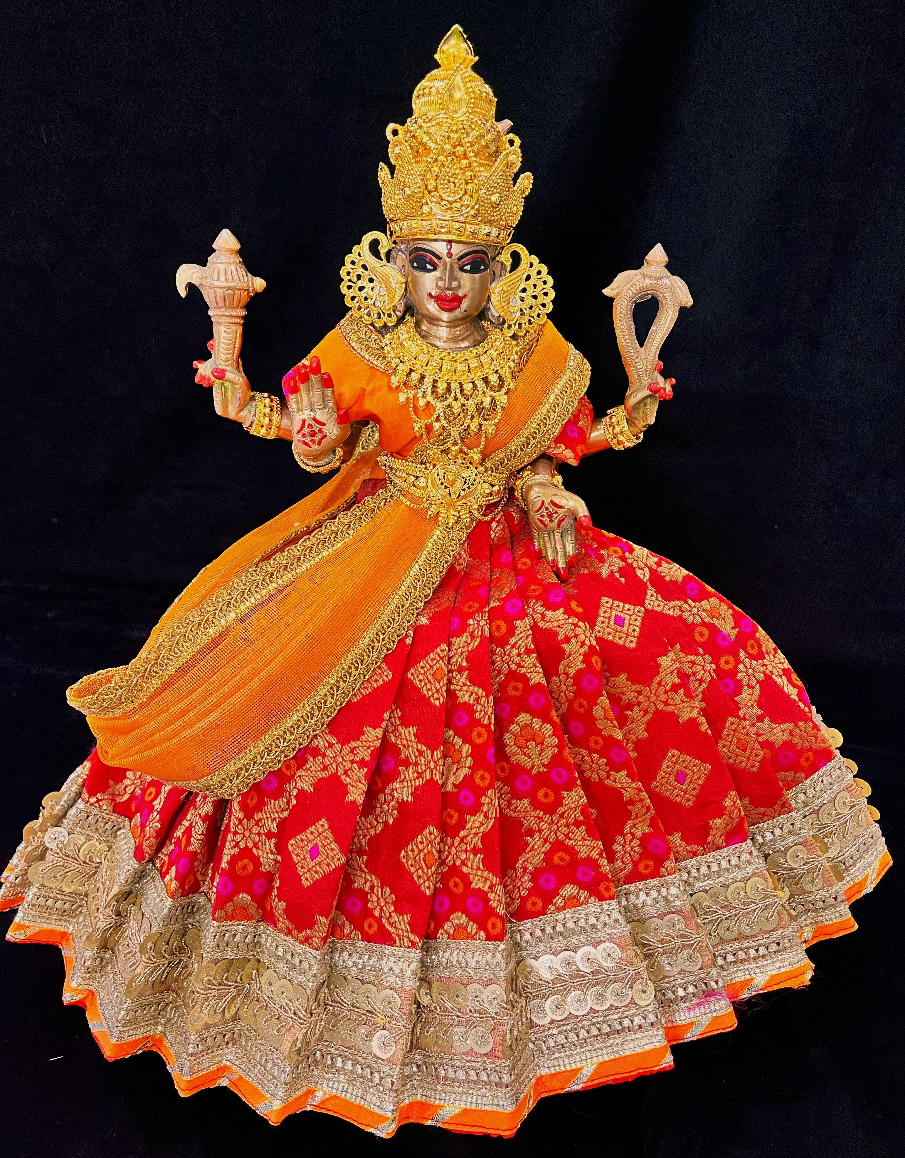 Deity half saree / lehenga patka made of Multicoloured Chanderi Silk fabric (Not Pure Silk) - Red Lehenga with orange contrast and orange tissue silk dupatta 3