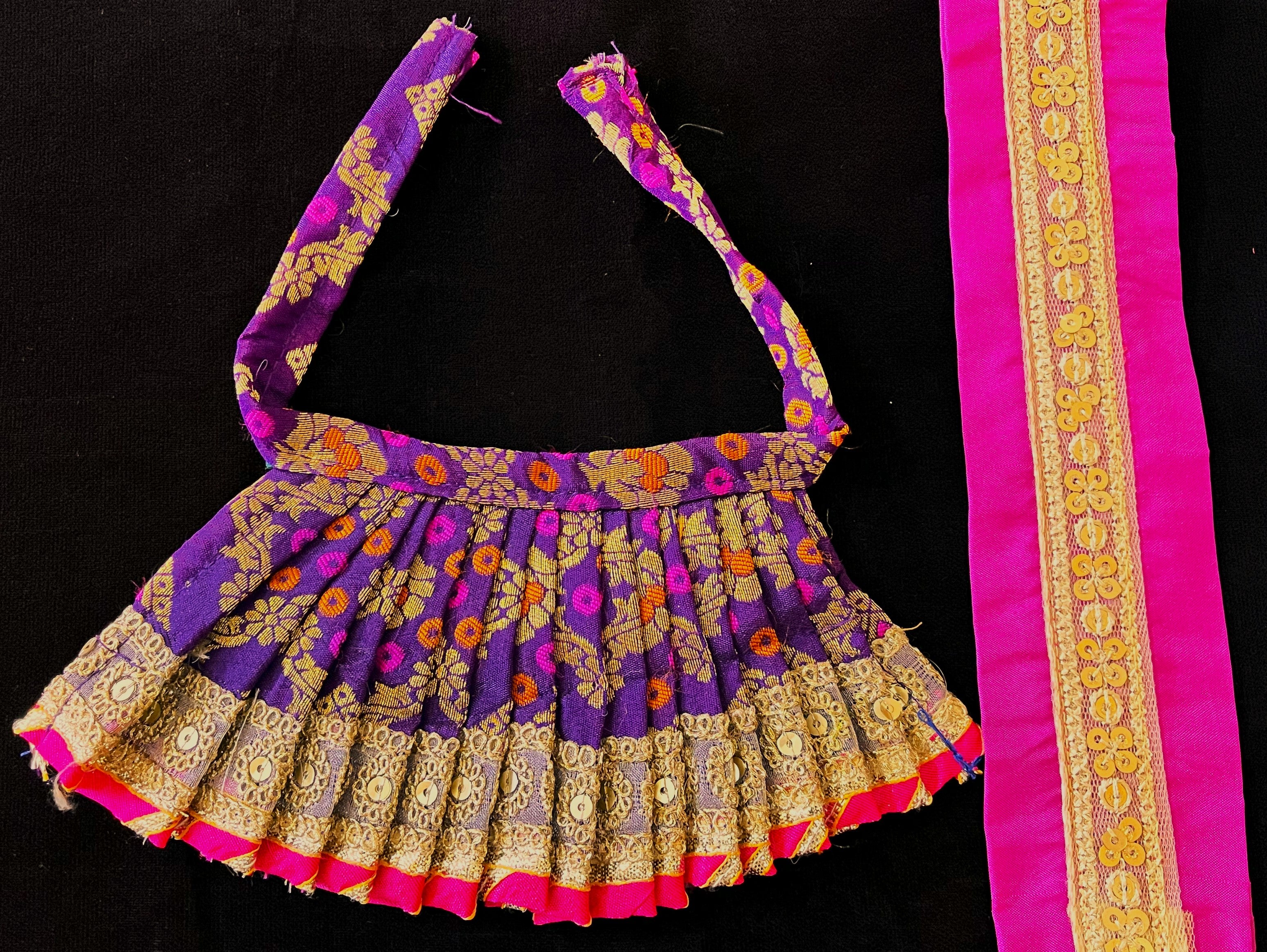 Deity half saree / lehenga patka made of Multicoloured Chanderi Silk fabric (Not Pure Silk) - Purple Lehenga with pink contrast and pink tissue silk dupatta 2