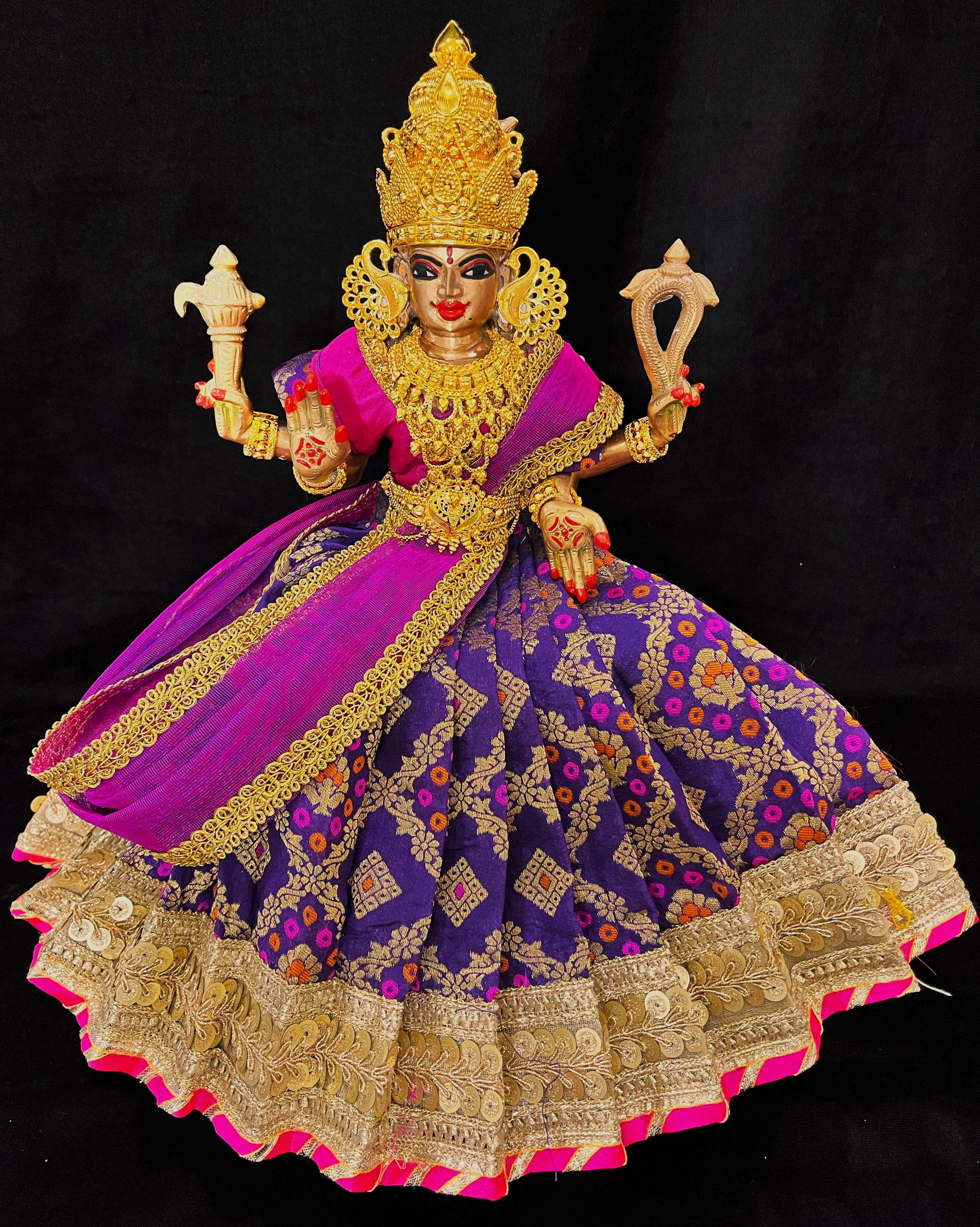 Deity half saree / lehenga patka made of Multicoloured Chanderi Silk fabric (Not Pure Silk) - Purple Lehenga with pink contrast and pink tissue silk dupatta 3