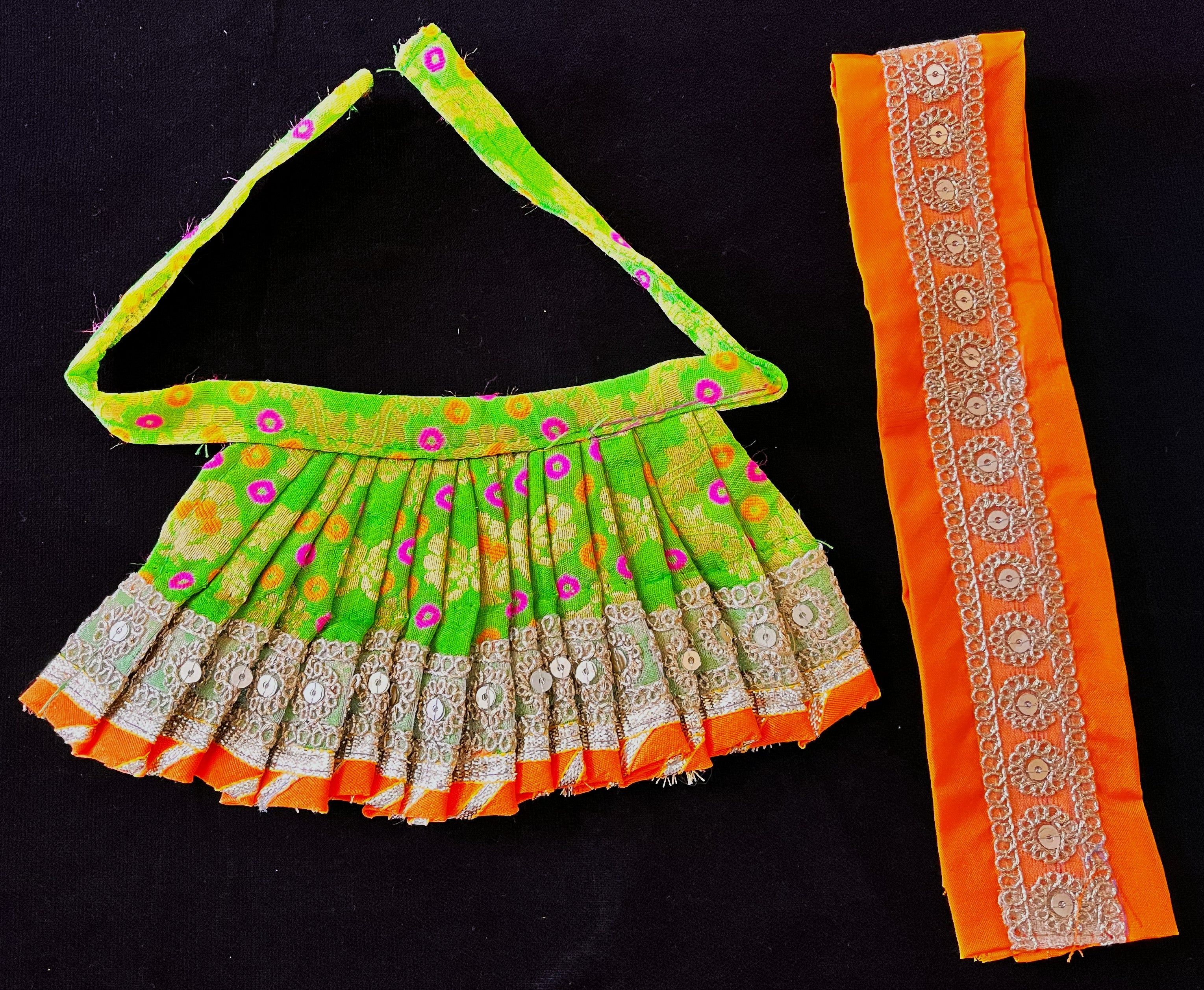 Deity half saree / lehenga patka made of Multicoloured Chanderi Silk fabric (Not Pure Silk) - Parrot green Lehenga with orange contrast and orange tissue silk dupatta 2