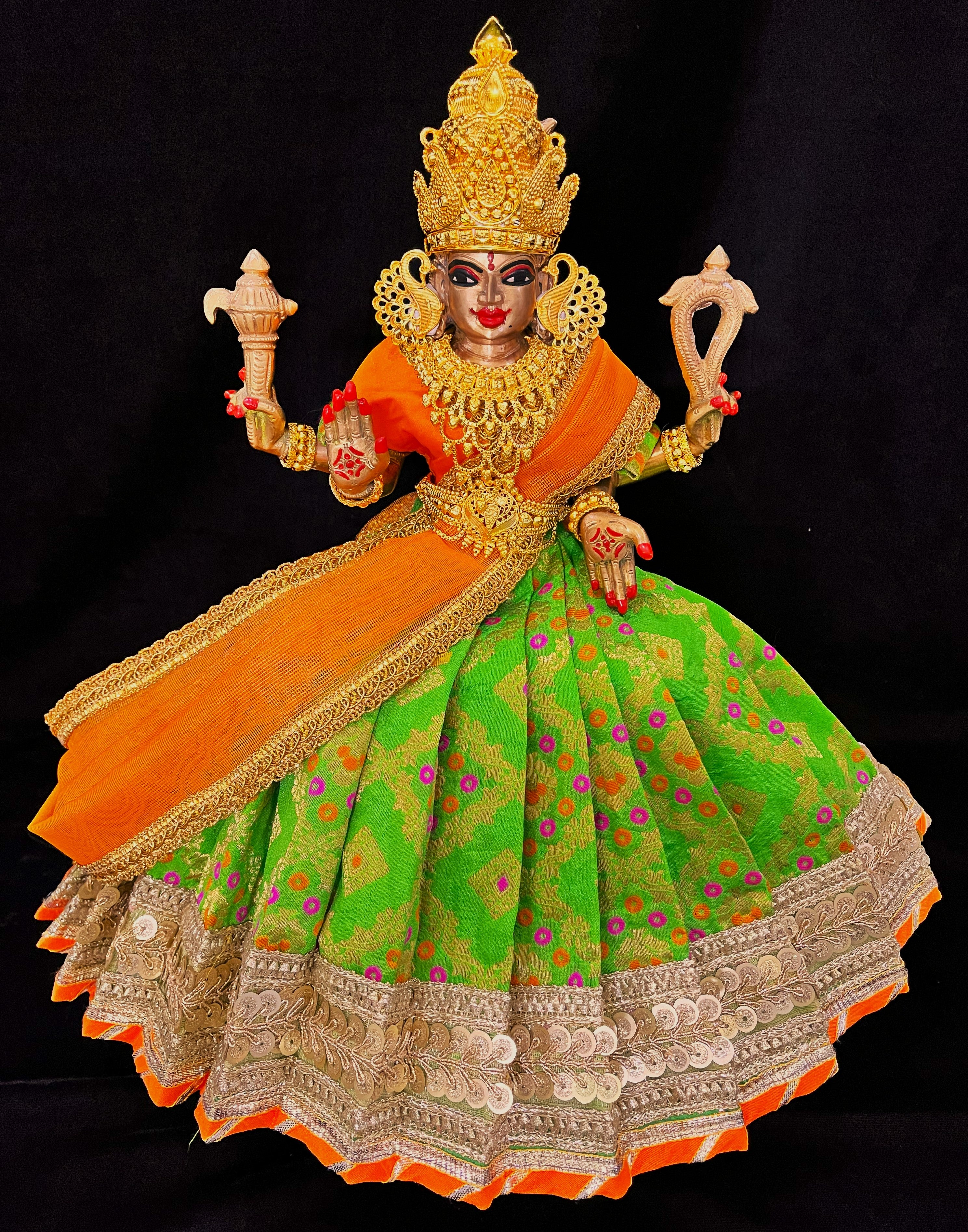 Deity half saree / lehenga patka made of Multicoloured Chanderi Silk fabric (Not Pure Silk) - Parrot green Lehenga with orange contrast and orange tissue silk dupatta 3