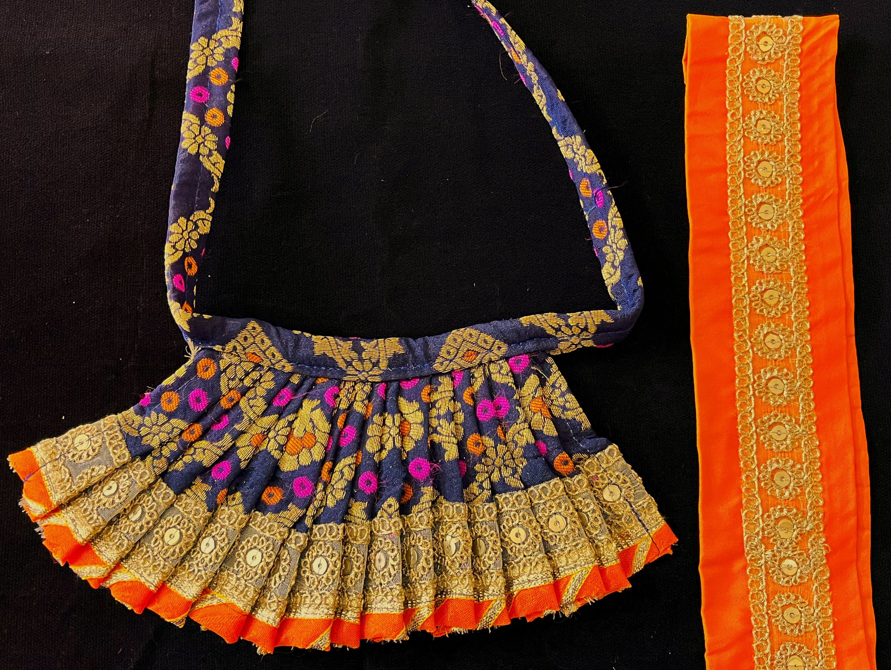 Deity half saree / lehenga patka made of Multicoloured Chanderi Silk fabric (Not Pure Silk) - Navy Blue Lehenga with orange contrast and orange tissue silk dupatta 2