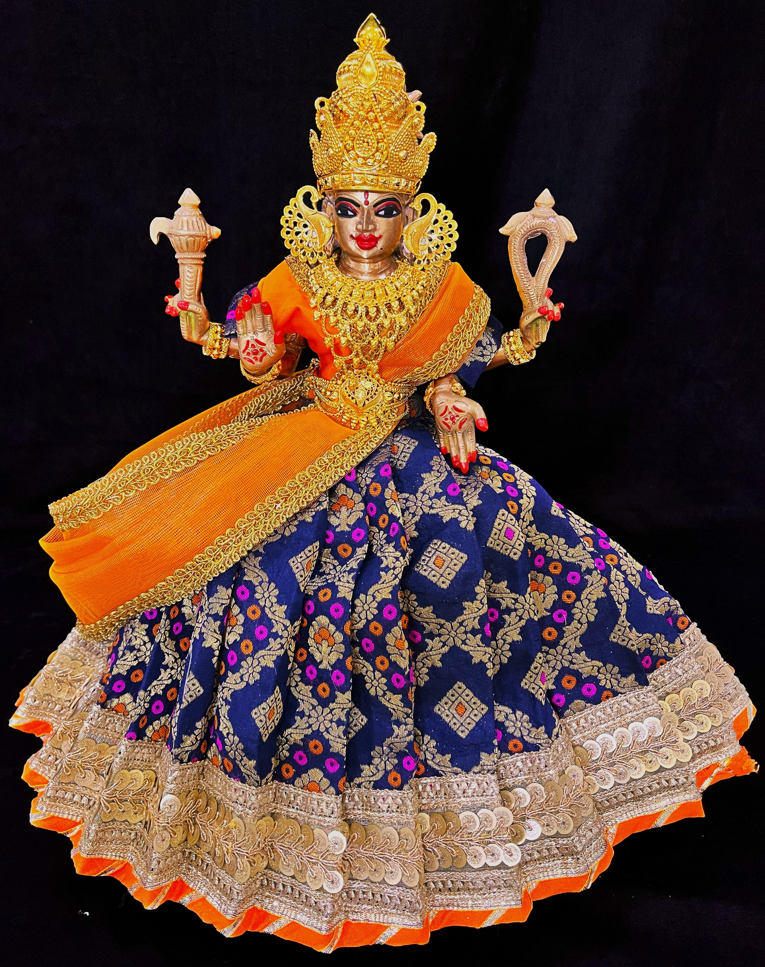 Deity half saree / lehenga patka made of Multicoloured Chanderi Silk fabric (Not Pure Silk) - Navy Blue Lehenga with orange contrast and orange tissue silk dupatta 3