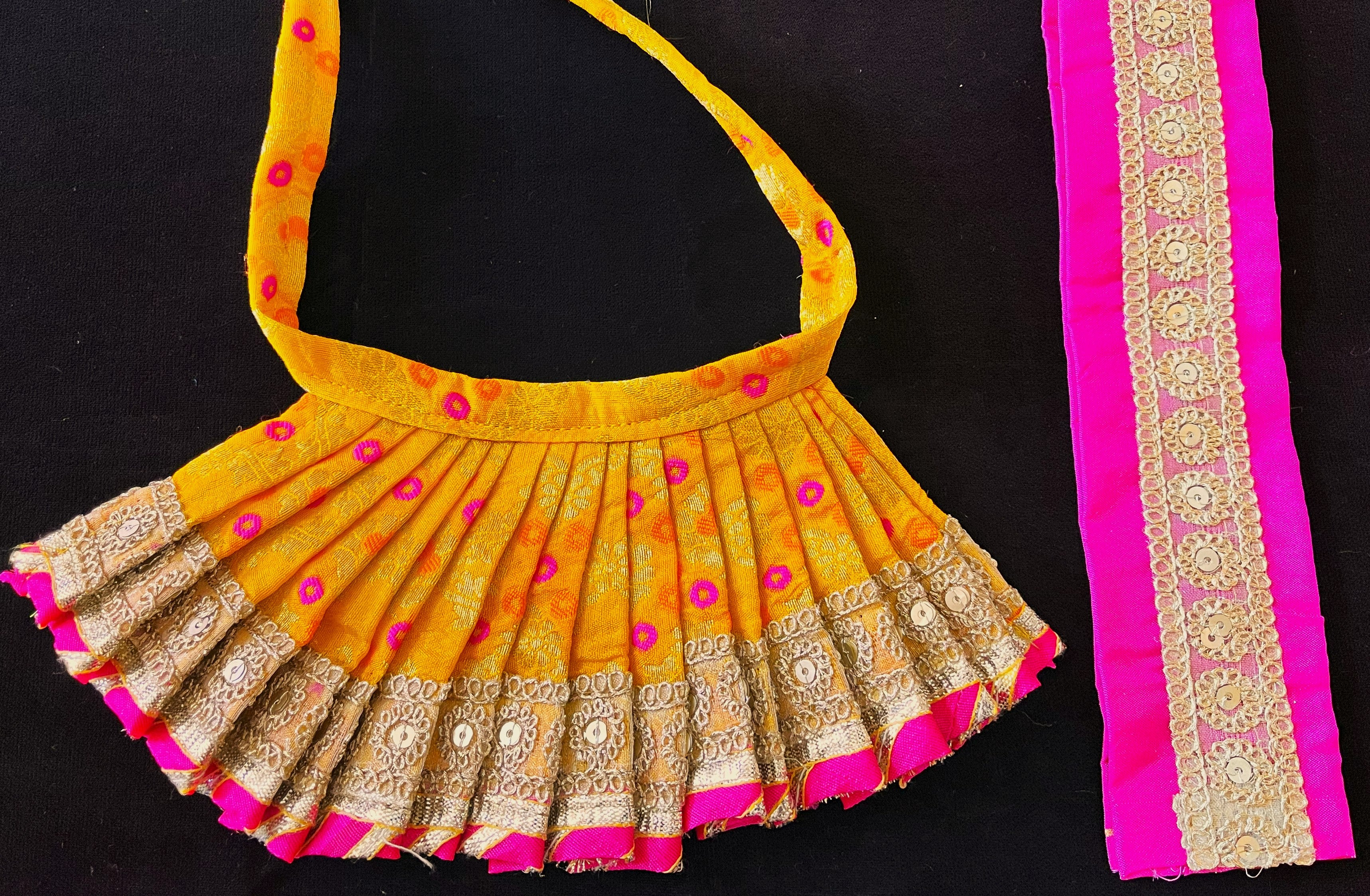 Deity half saree / lehenga patka made of Multicoloured Chanderi Silk fabric (Not Pure Silk) - Yellow Lehenga with pink contrast and pink tissue silk dupatta 2