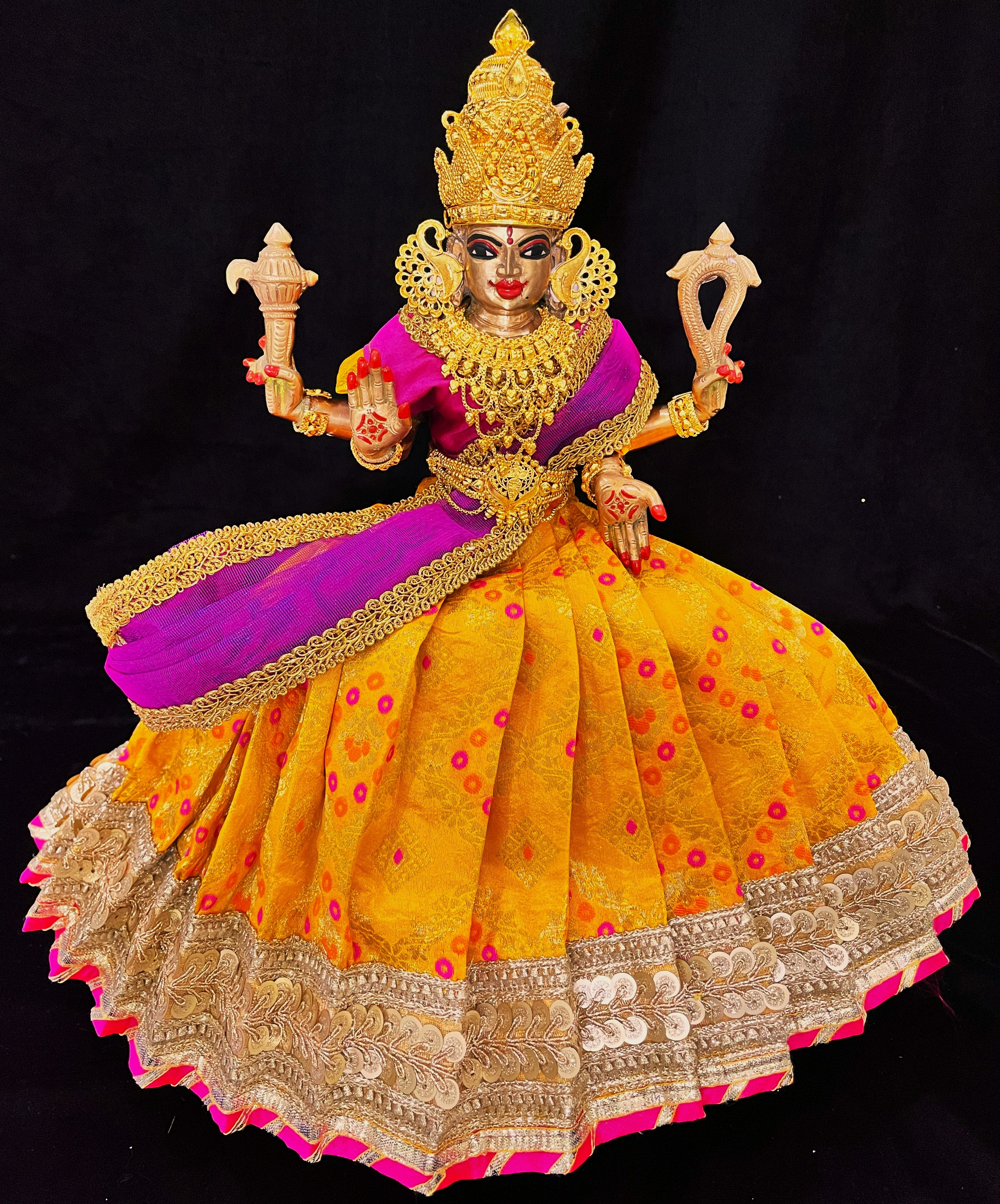 Deity half saree / lehenga patka made of Multicoloured Chanderi Silk fabric (Not Pure Silk) - Yellow Lehenga with pink contrast and pink tissue silk dupatta 3