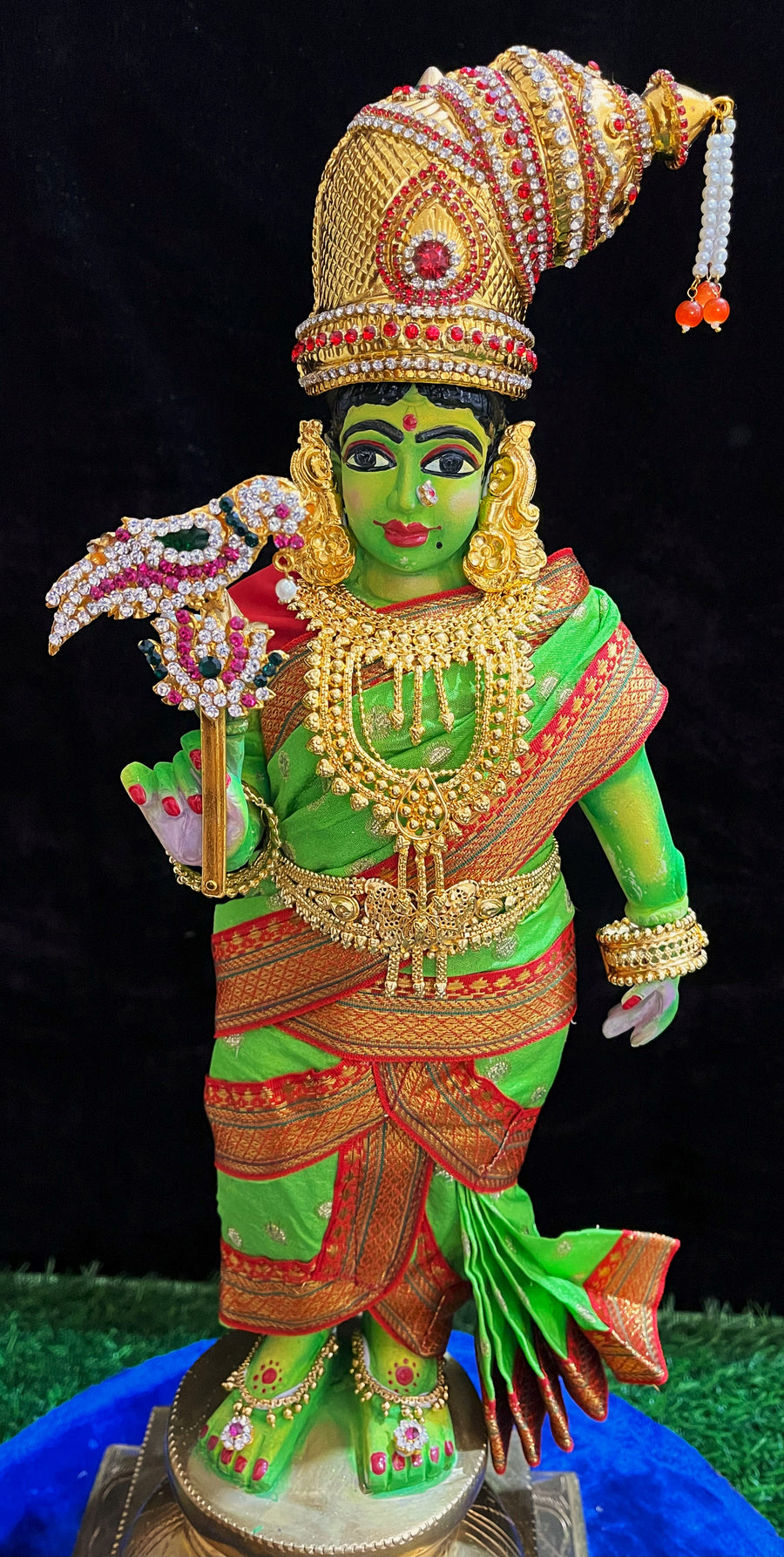 Deity Pre-stitched Meenakshi Saree made of Chanderi Silk (Not Pure Silk) - Parrot Green saree with Red border and Red blouse