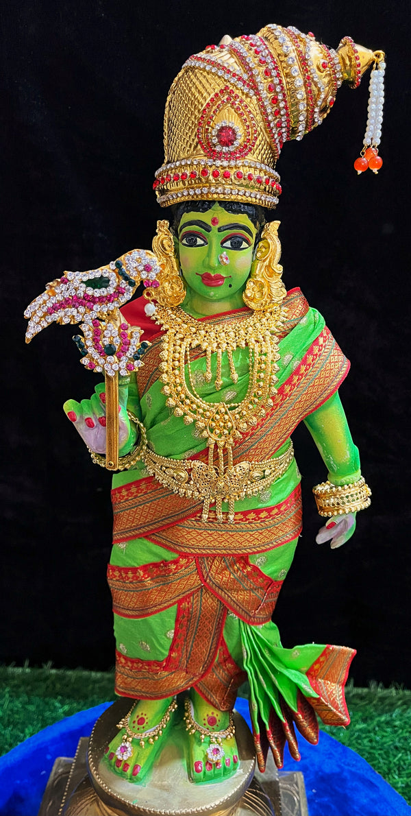 Deity Pre-stitched Meenakshi Saree made of Chanderi Silk (Not Pure Silk) - Parrot Green saree with Red border and Red blouse