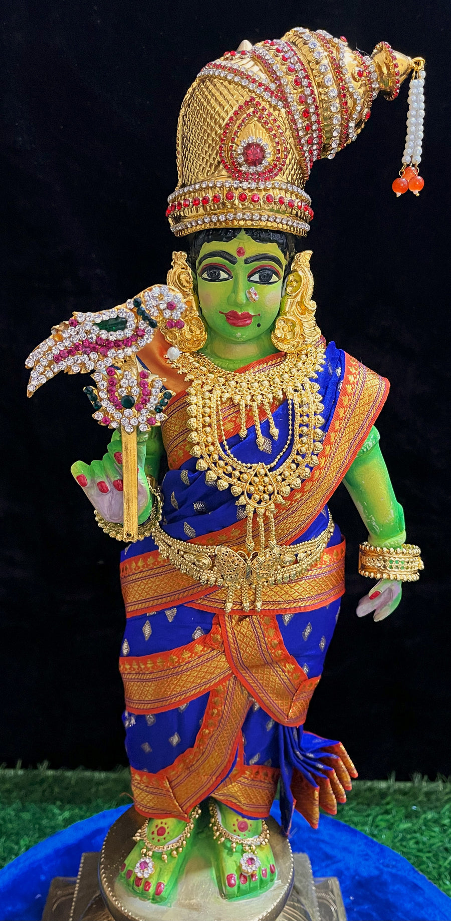 Deity Pre-stitched Meenakshi Saree made of Chanderi Silk (Not Pure Silk) - Royal Blue Saree with Orange Border and Orange Blouse