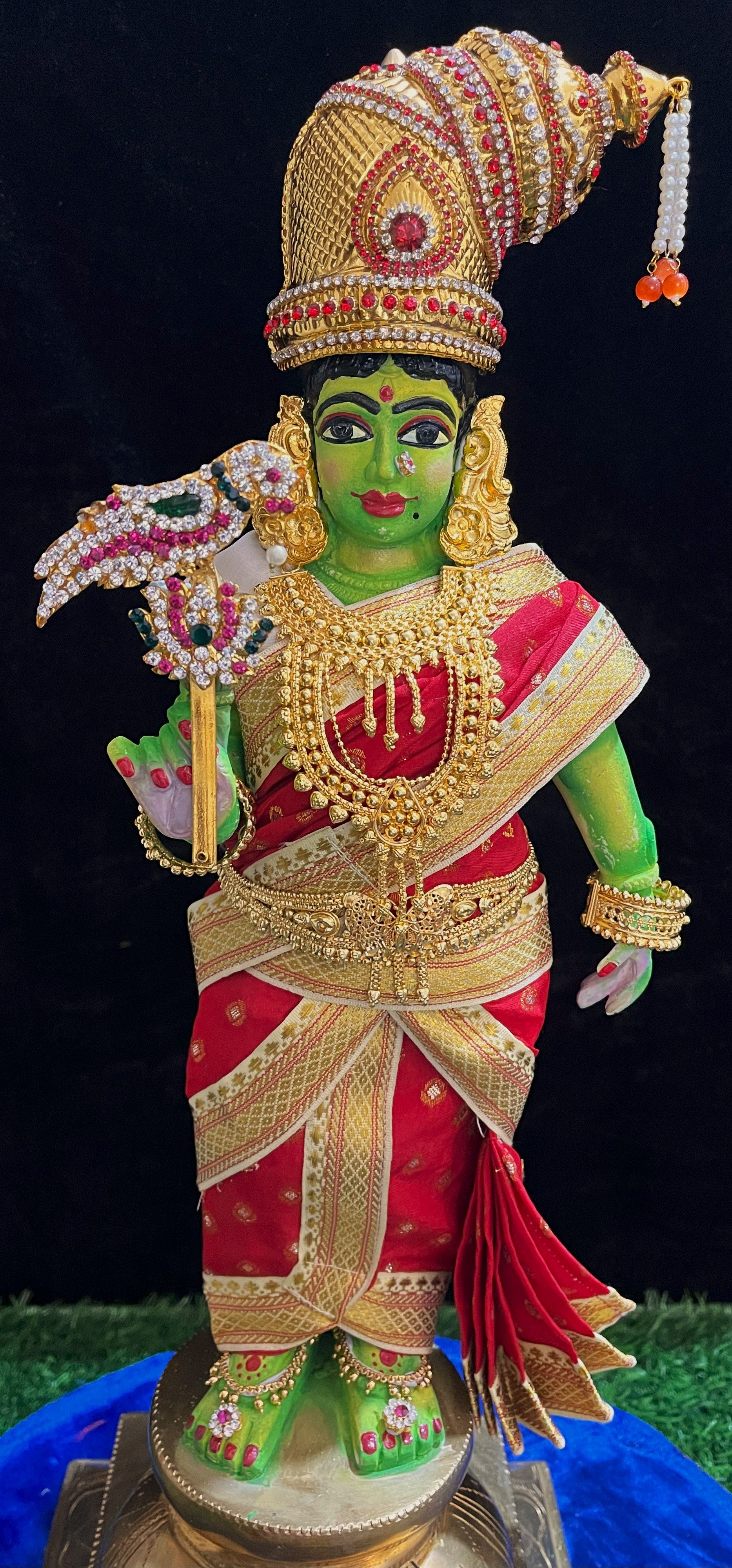 Deity Pre-stitched Meenakshi Saree made of Chanderi Silk (Not Pure Silk) - Red saree with Off White Border and Off White Blouse 1
