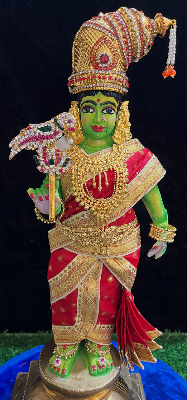 Deity Pre-stitched Meenakshi Saree made of Chanderi Silk (Not Pure Silk) - Red saree with Off White Border and Off White Blouse