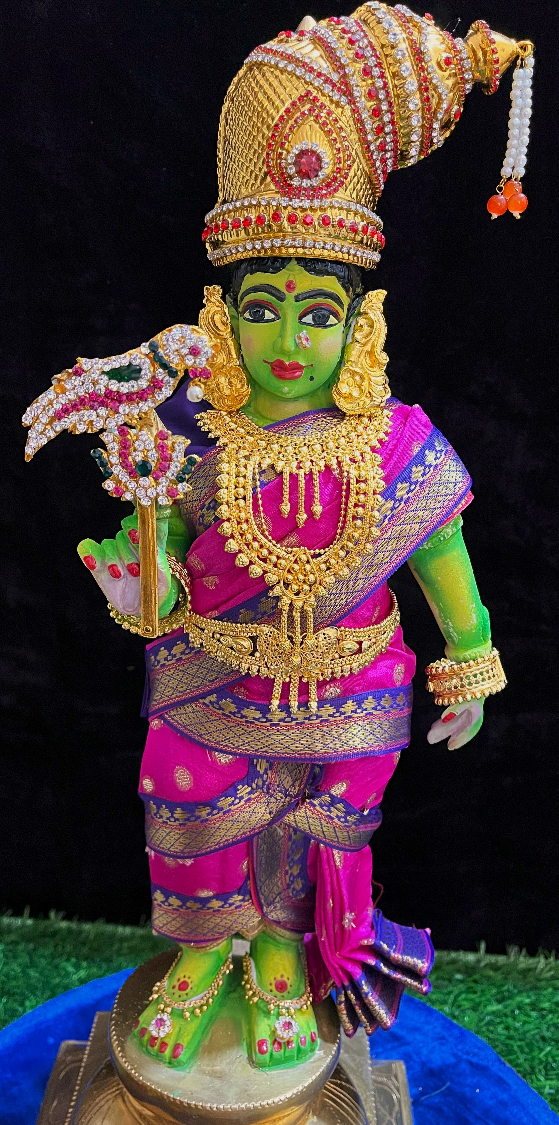 Deity Pre-stitched Meenakshi Saree made of Chanderi Silk (Not Pure Silk) - Rani Pink Saree with Royal Blue Border and Royal Blue Blouse 1