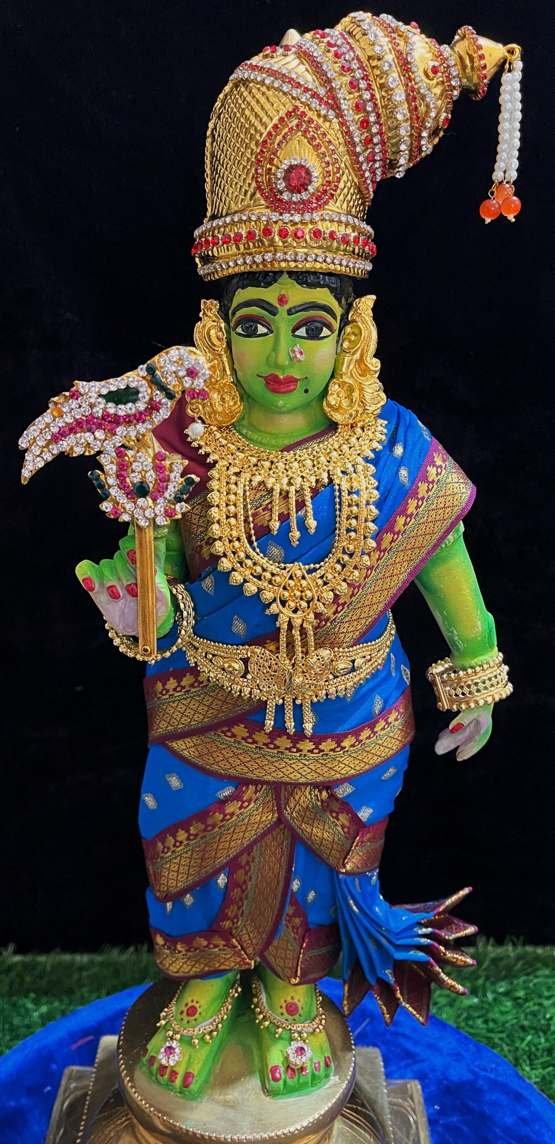 Deity Pre-stitched Meenakshi Saree made of Chanderi Silk (Not Pure Silk) - Royal Blue Saree with Maroon Border and Maroon Blouse 1