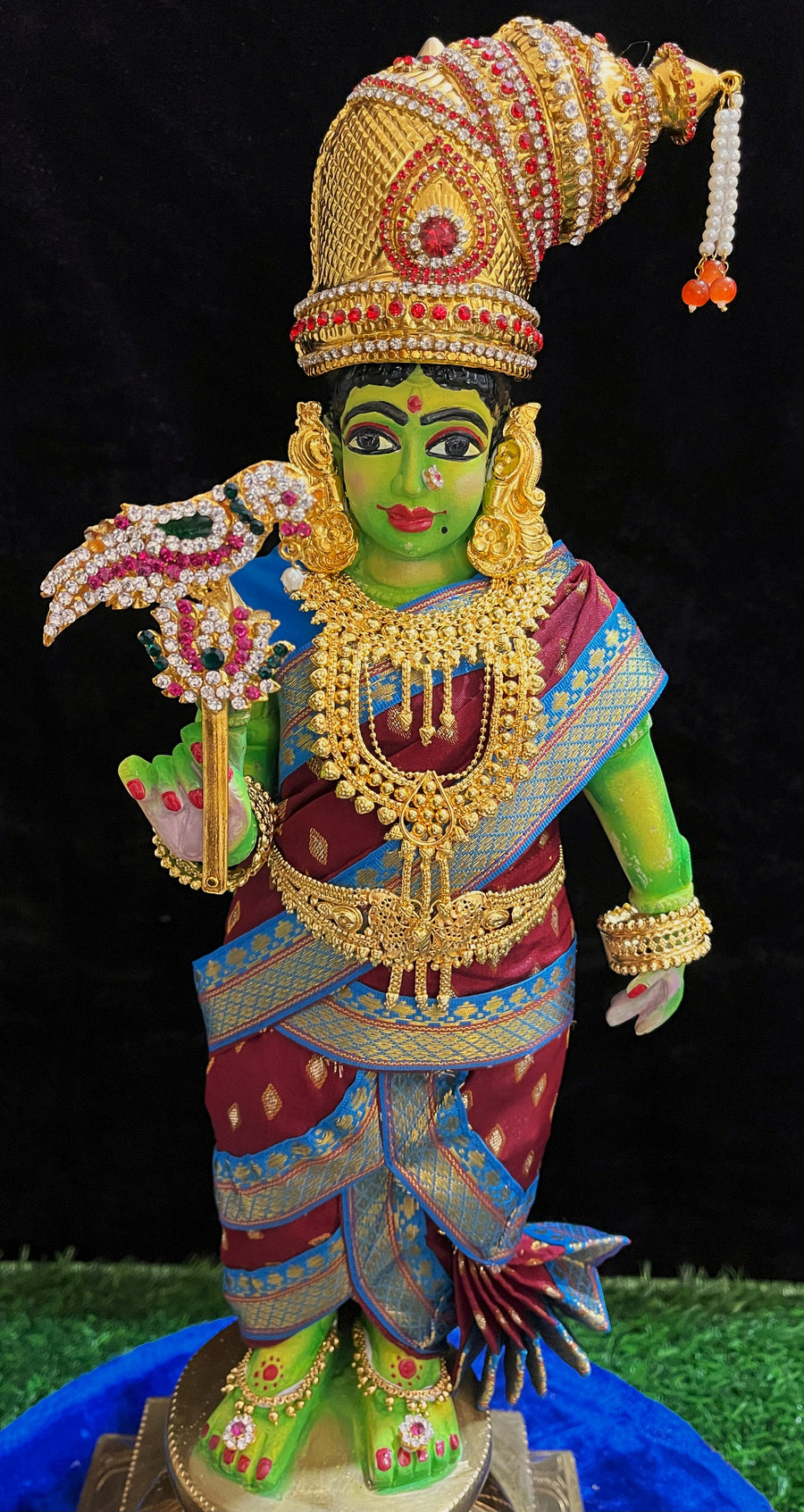 Deity Pre-stitched Meenakshi Saree made of Chanderi Silk (Not Pure Silk) - Maroon Saree with Blue Border and Blue Blouse