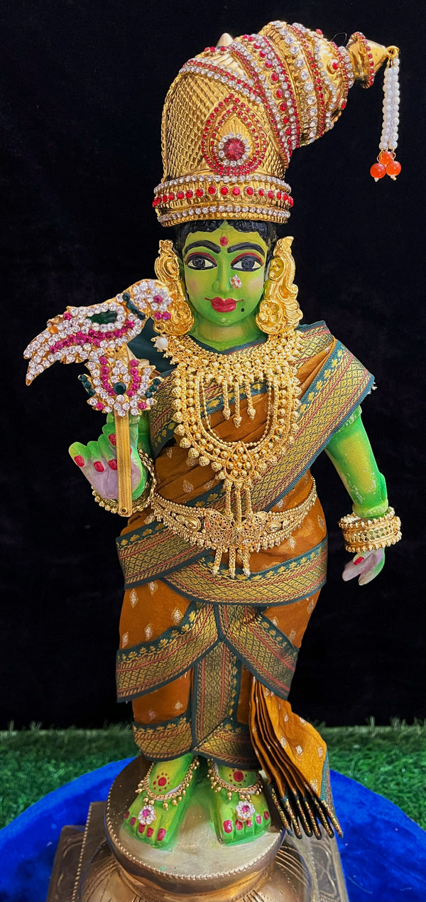Deity Pre-stitched Meenakshi Saree made of Chanderi Silk (Not Pure Silk) - Mustard yellow Saree with Dark Green Border and Dark Green Blouse