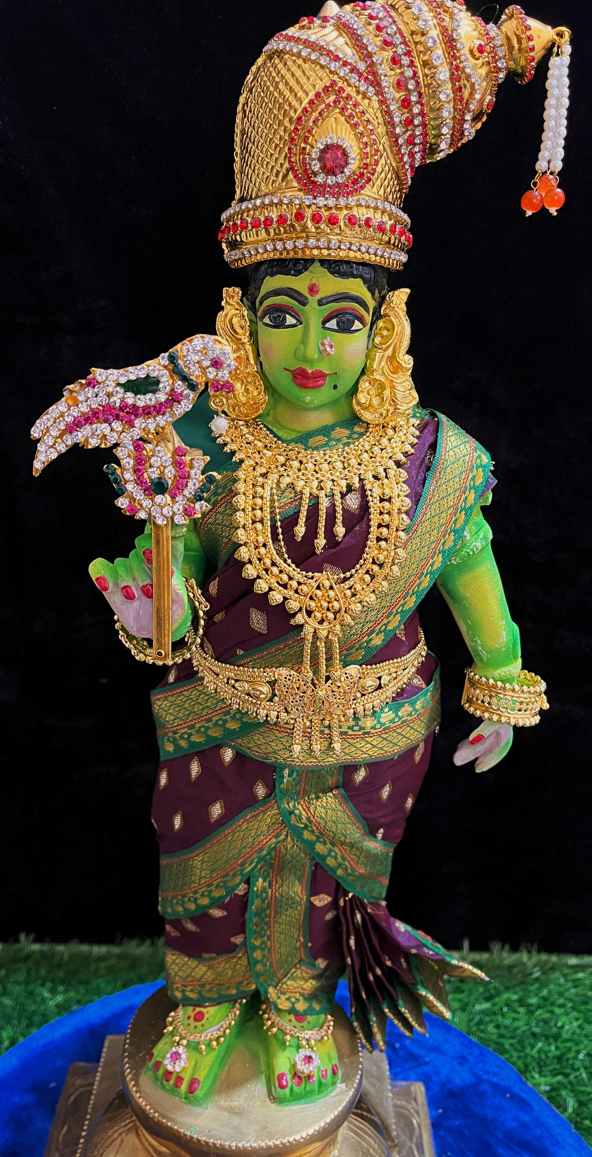 Deity Pre-stitched Meenakshi Saree made of Chanderi Silk (Not Pure Silk) - Brown Saree with Dark Green Border and Dark Green Blouse 1