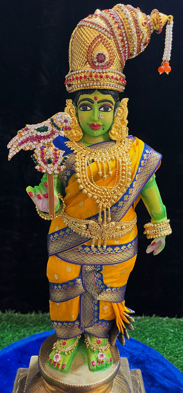Deity Pre-stitched Meenakshi Saree made of Chanderi Silk (Not Pure Silk) - Yellow Saree with Royal Blue Border and Royal Blue Blouse