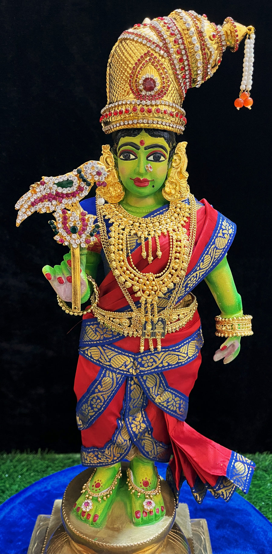Deity Pre-stitched Meenakshi Saree made of Plain Silk (Not Pure Silk) - Red Saree with Blue border and Blue blouse