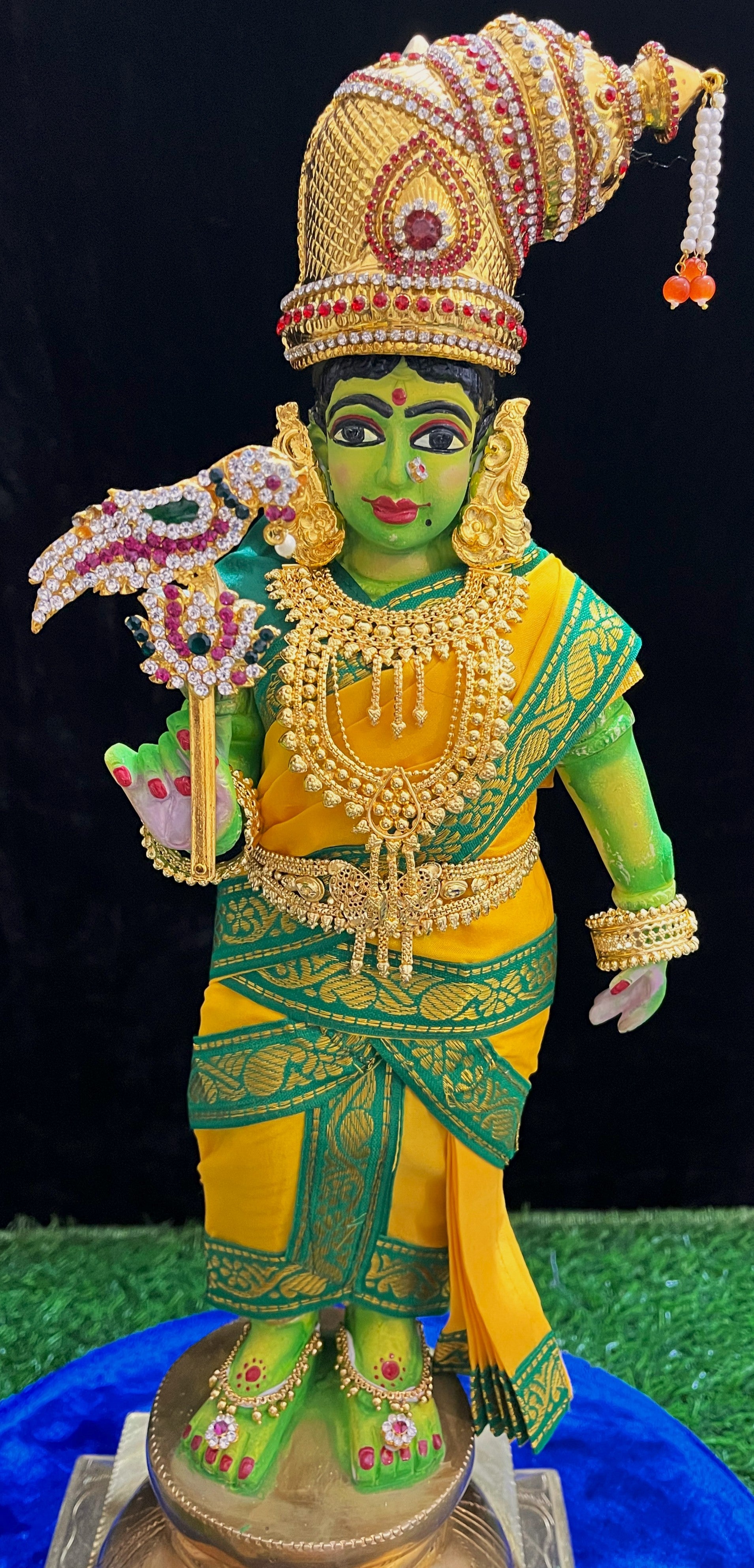 Deity Pre-stitched Meenakshi Saree made of Plain Silk (Not Pure Silk) - Yellow Saree with Green border and Green blouse 1