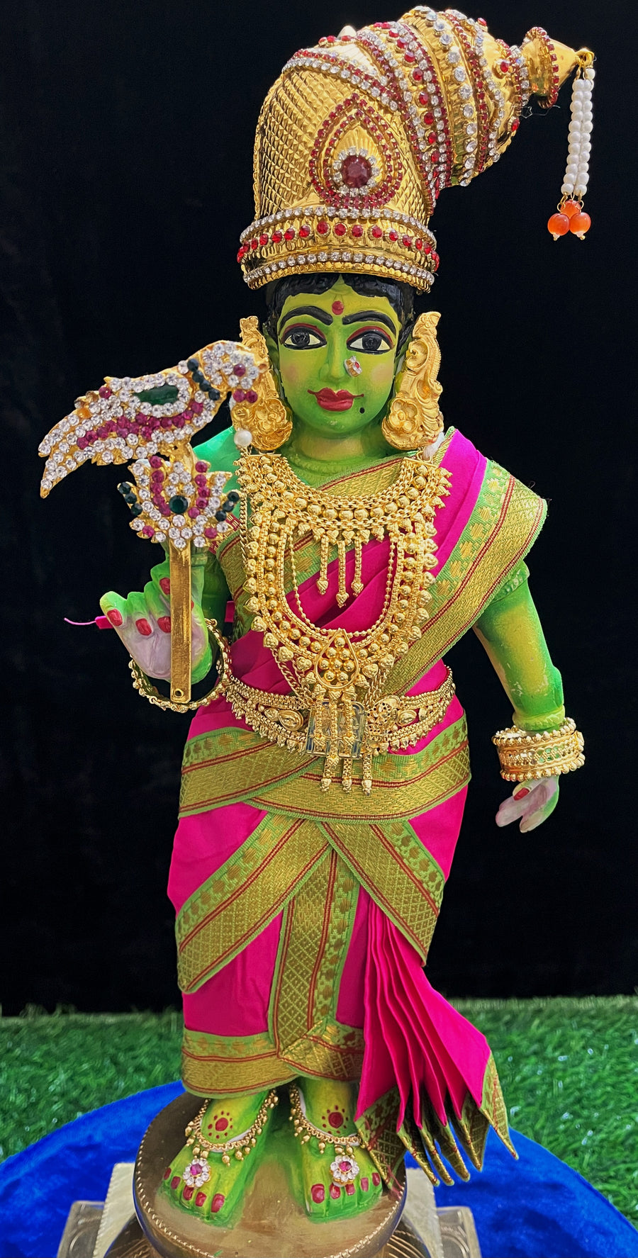 Deity Pre-stitched Meenakshi Saree made of Plain Silk (Not Pure Silk) - Pink Saree with Parrot Green border and Parrot Green blouse
