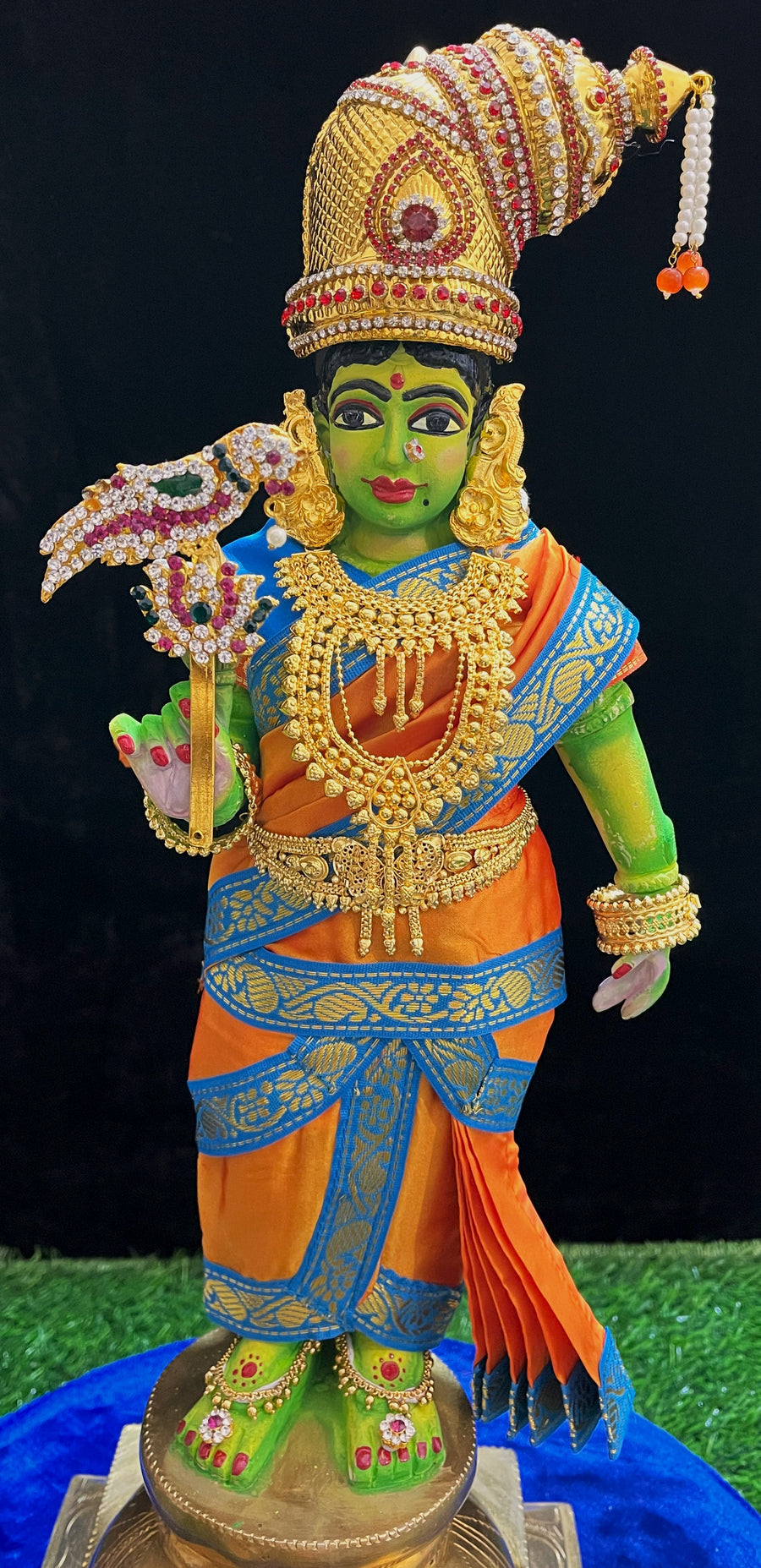 Deity Pre-stitched Meenakshi Saree made of Plain Silk (Not Pure Silk) - Orange Saree with Sky Blue border and Sky Blue blouse