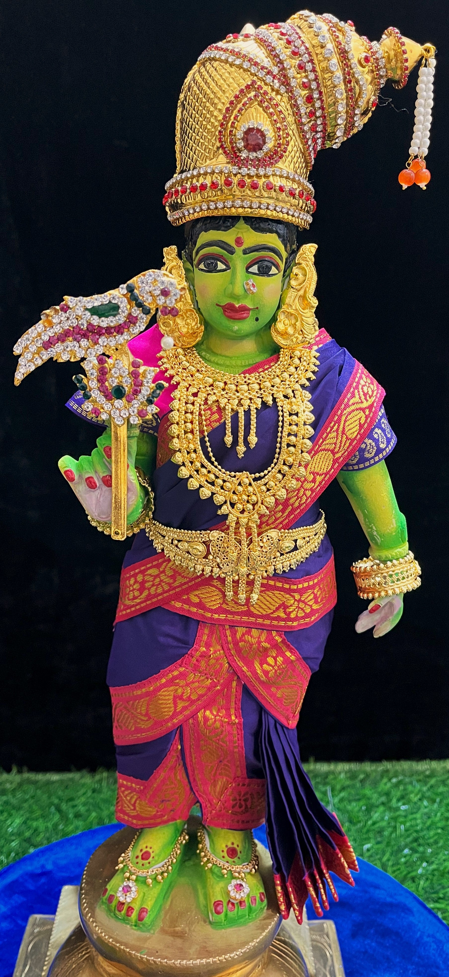 Deity Pre-stitched Meenakshi Saree made of Plain Silk (Not Pure Silk) - Purple Saree with Pink border and Pink blouse 1