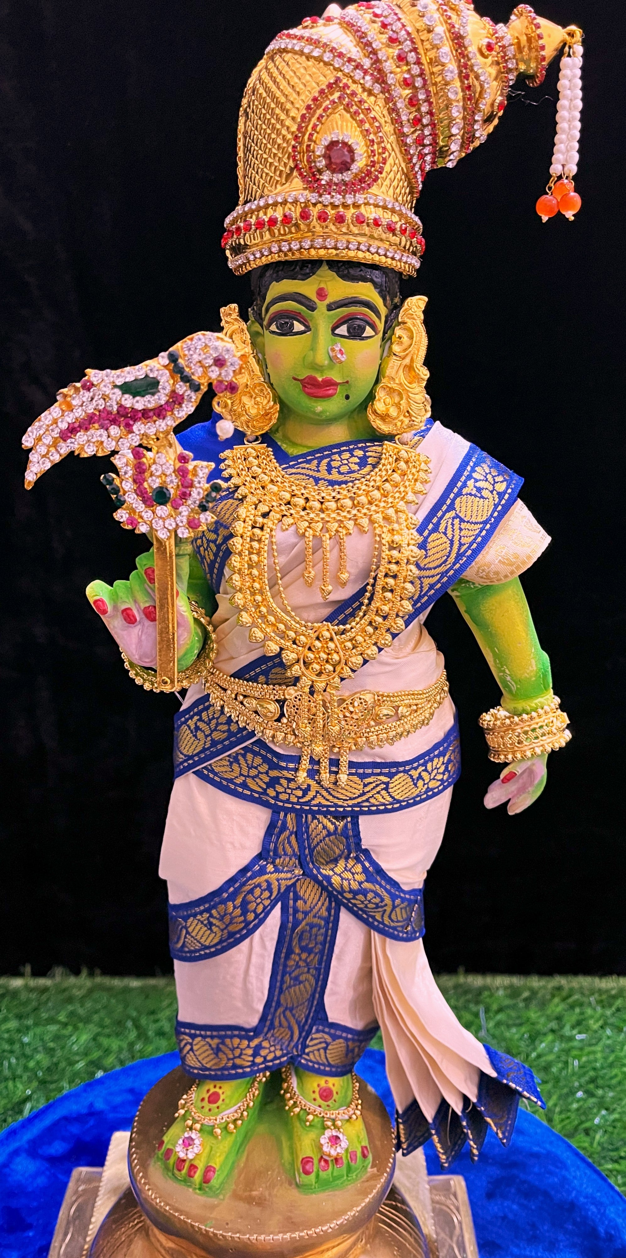 Deity Pre-stitched Meenakshi Saree made of Plain Silk (Not Pure Silk) - White Saree with Royal Blue border and Royal Blue blouse 1