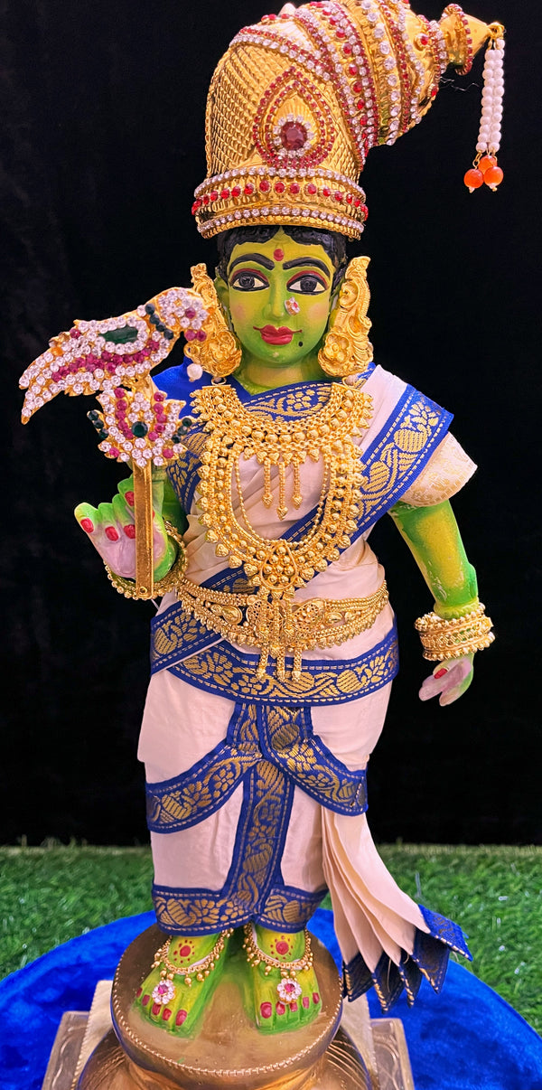 Deity Pre-stitched Meenakshi Saree made of Plain Silk (Not Pure Silk) - White Saree with Royal Blue border and Royal Blue blouse
