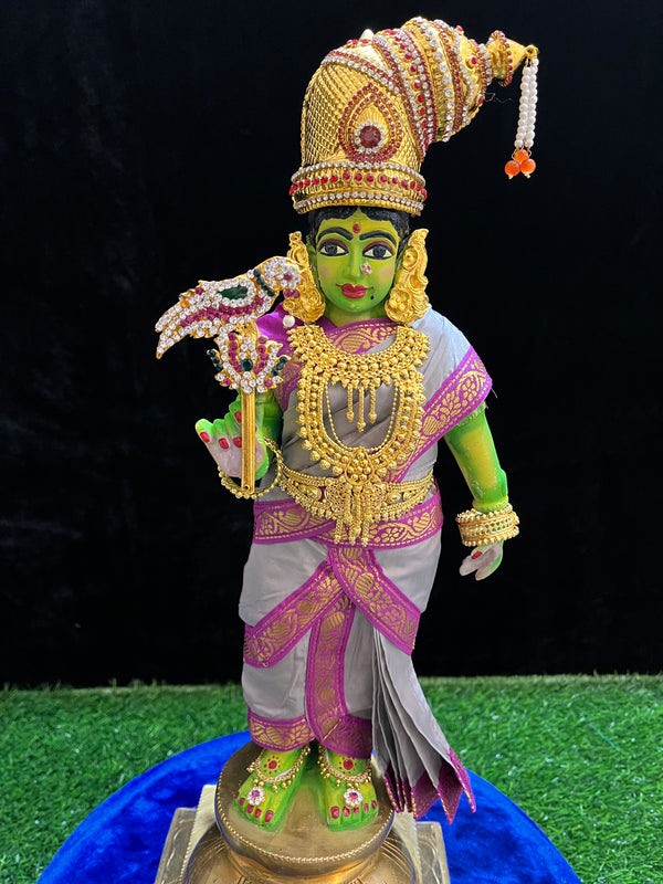 Deity Pre-stitched Meenakshi Saree made of Plain Silk (Not Pure Silk) - Grey Saree with Majenta border and Majenta blouse