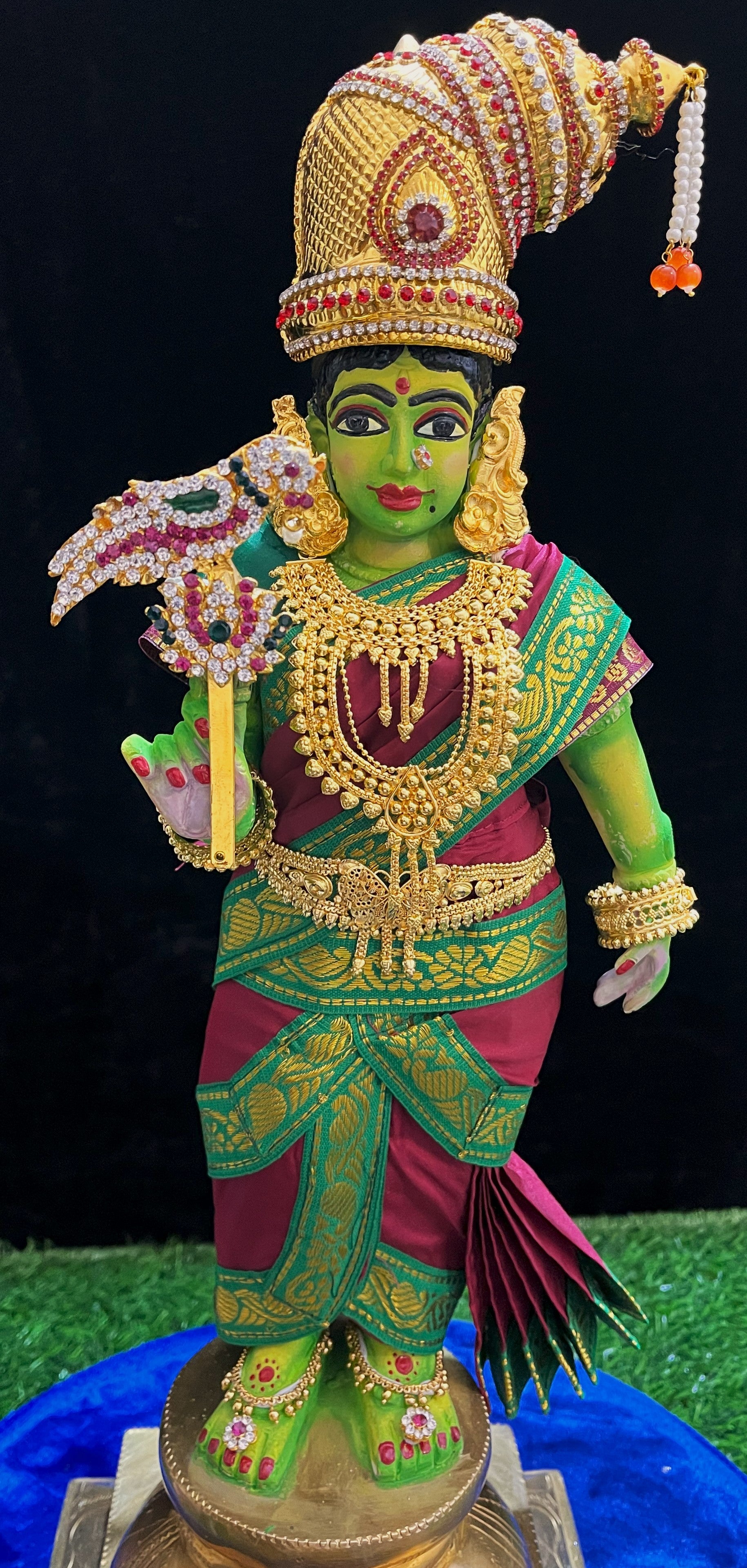 Deity Pre-stitched Meenakshi Saree made of Plain Silk (Not Pure Silk) - Maroon Saree with Green border and Green blouse 1