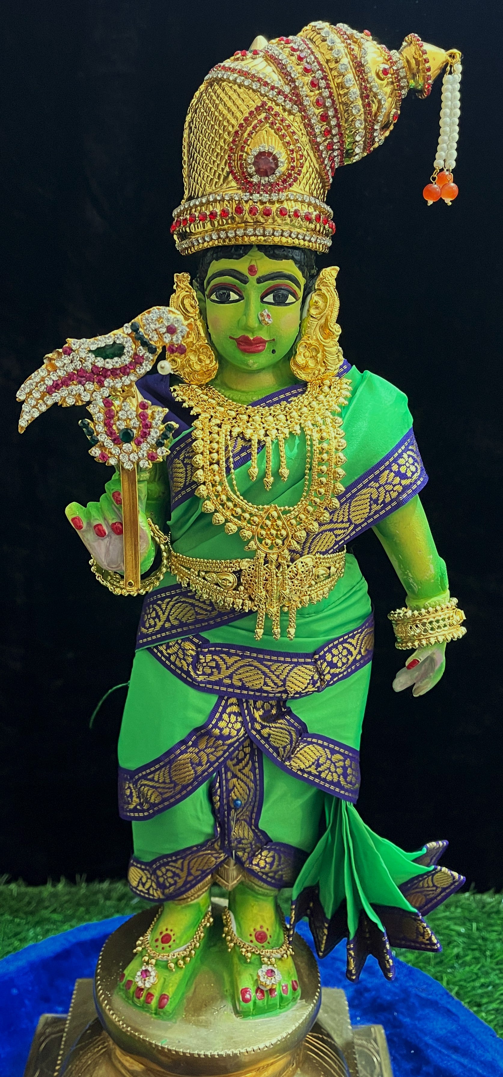 Deity Pre-stitched Meenakshi Saree made of Plain Silk (Not Pure Silk) - Parrot Green Saree with Blue border and Blue blouse 1