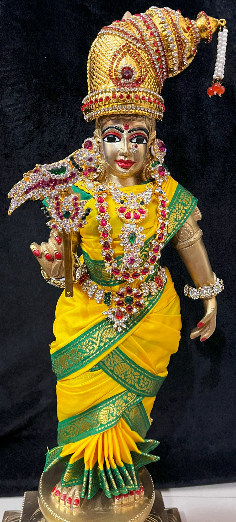 Deity Unstitched Meenakshi Saree made of Plain Silk (Not Pure Silk) - Yellow Saree with Green border and Green blouse