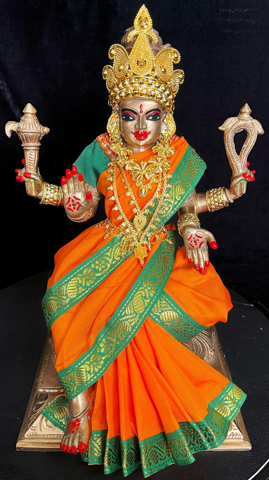 Deity Unstitched Meenakshi Saree made of Plain Silk (Not Pure Silk) - Orange Saree with Green border and Green blouse 2
