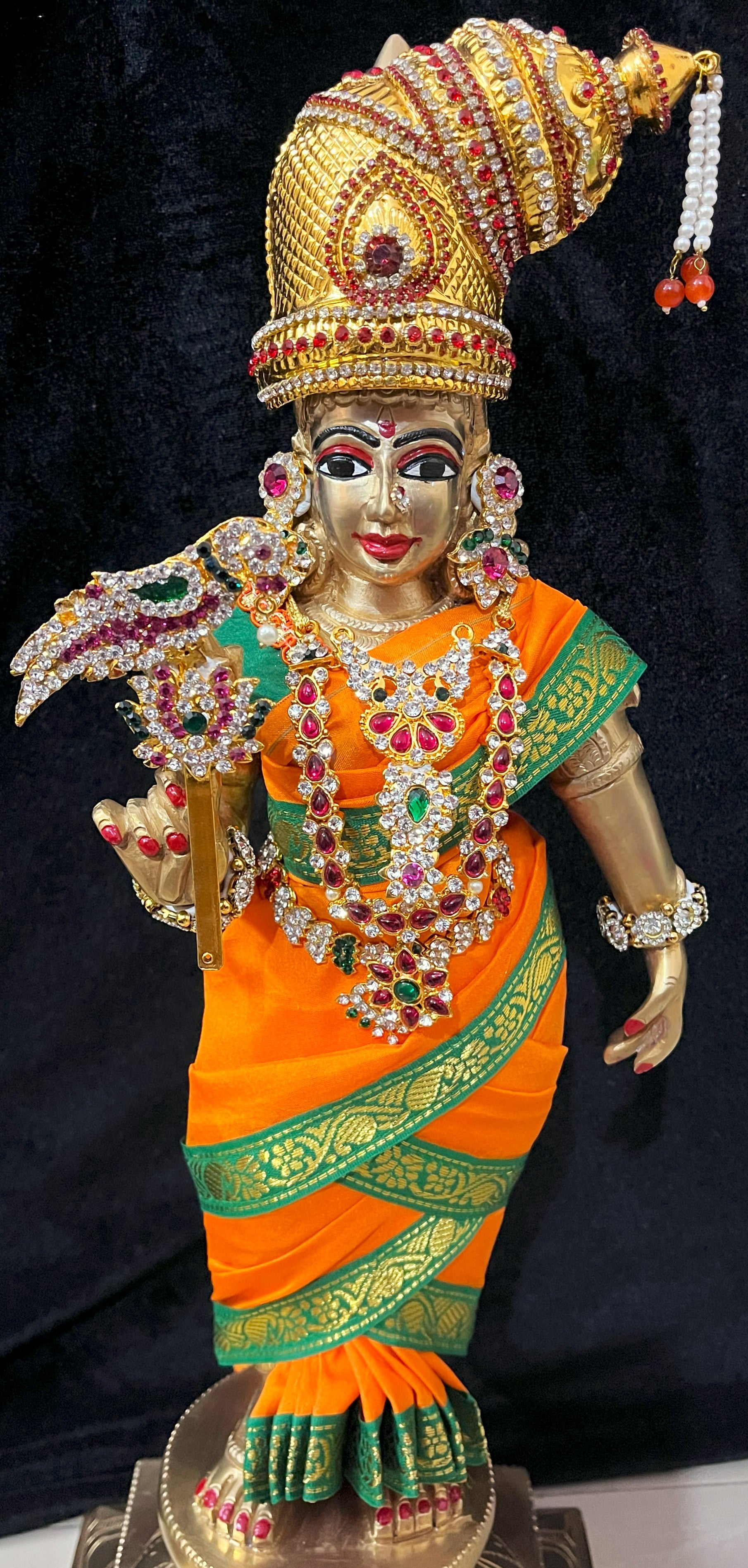 Deity Unstitched Meenakshi Saree made of Plain Silk (Not Pure Silk) - Orange Saree with Green border and Green blouse 1