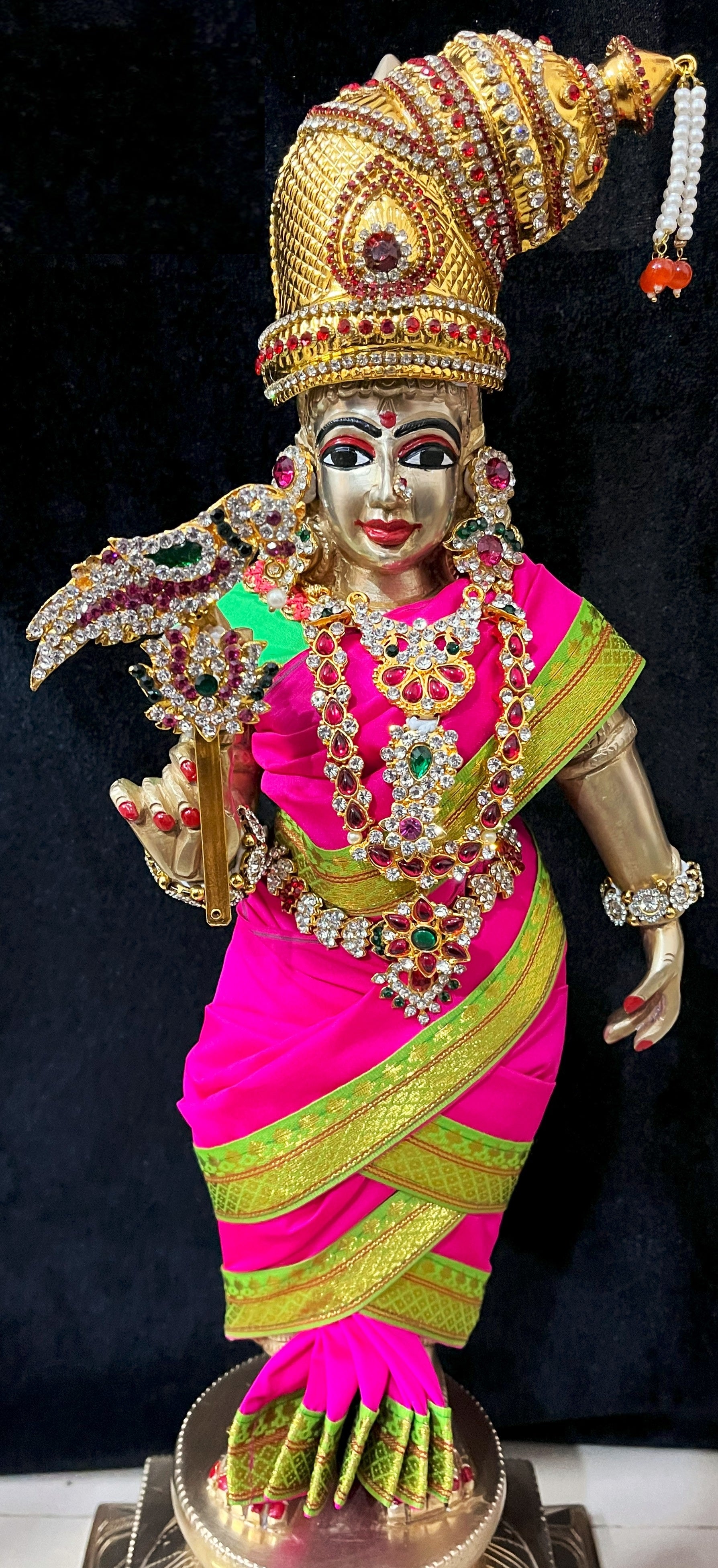 Deity Unstitched Meenakshi Saree made of Plain Silk (Not Pure Silk) - Rani Pink Saree with Parrot Green border and Parrot Green  blouse 1