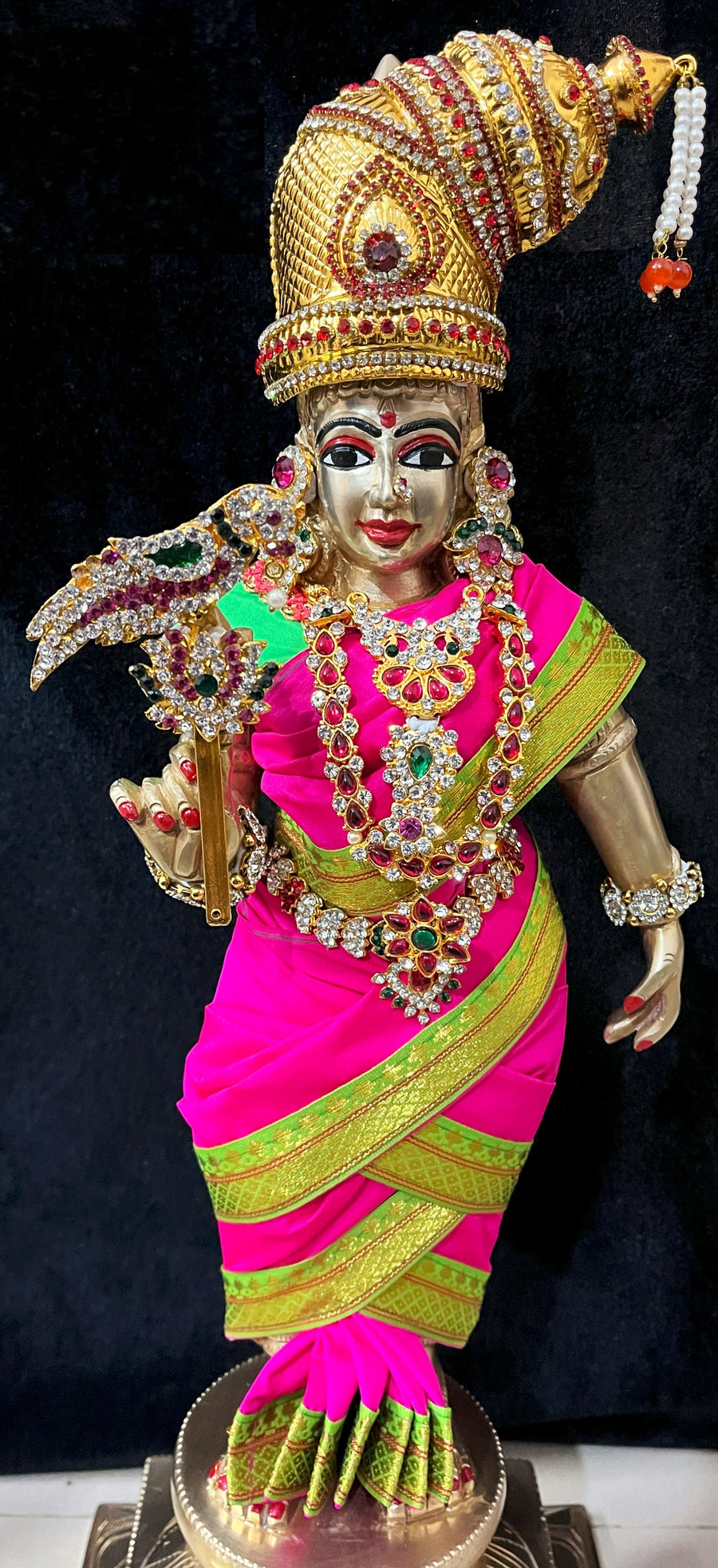 Deity Unstitched Meenakshi Saree made of Plain Silk (Not Pure Silk) - Rani Pink Saree with Parrot Green border and Parrot Green  blouse