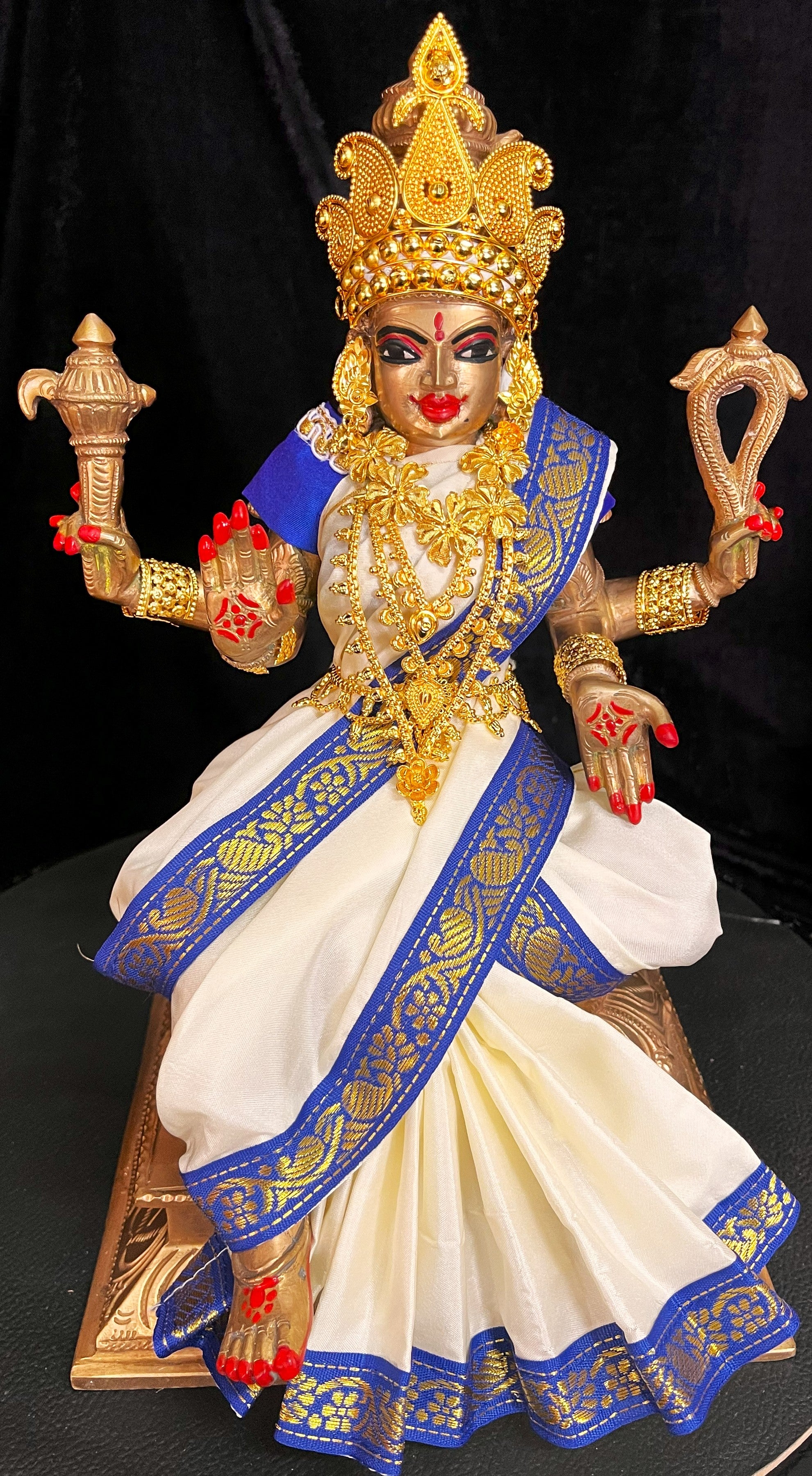Deity Unstitched Meenakshi Saree made of Plain Silk (Not Pure Silk) - White Saree with Royal Blue border and Royal Blue blouse 1