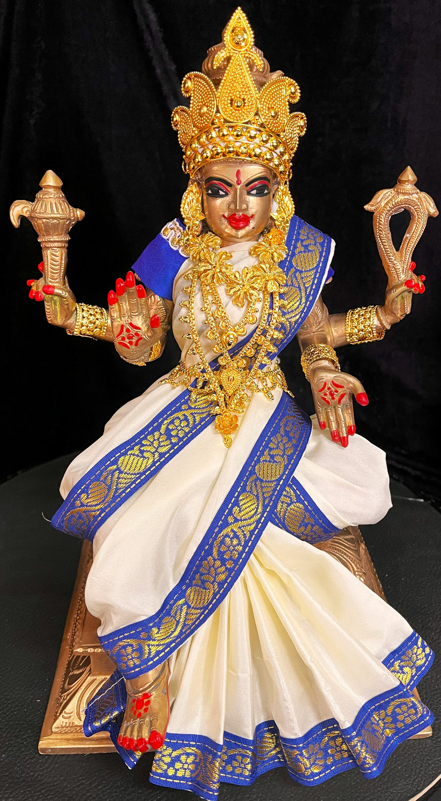 Deity Unstitched Meenakshi Saree made of Plain Silk (Not Pure Silk) - White Saree with Royal Blue border and Royal Blue blouse