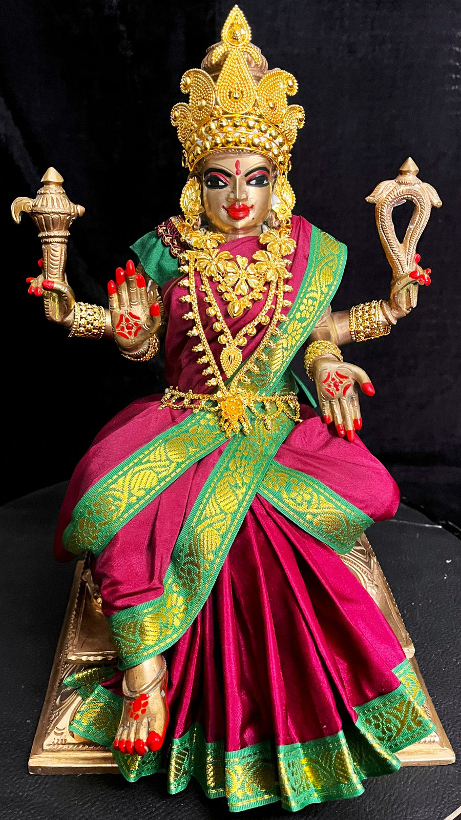 Deity Unstitched Meenakshi Saree made of Plain Silk (Not Pure Silk) - Maroon Saree with Green border and Green blouse