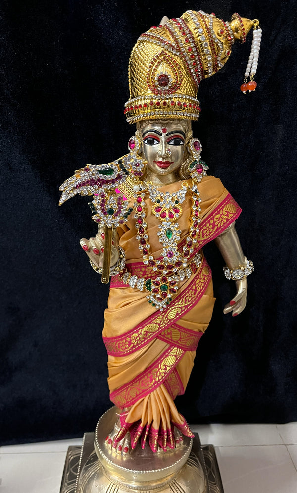 Deity Unstitched Meenakshi Saree made of Plain Silk (Not Pure Silk) - Pastel Orange Saree with Pink border and Pink blouse