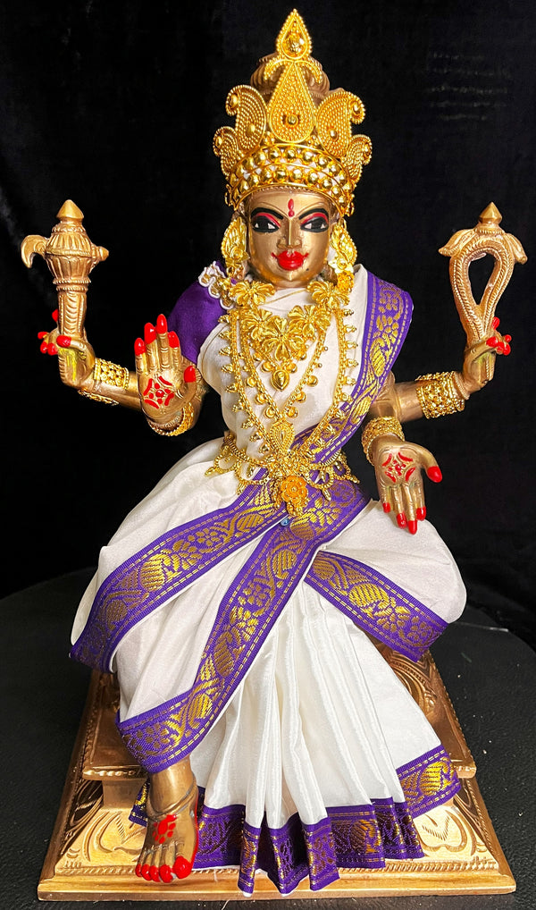 Deity Unstitched Meenakshi Saree made of Plain Silk (Not Pure Silk) - White Saree with Purple border and Purple blouse