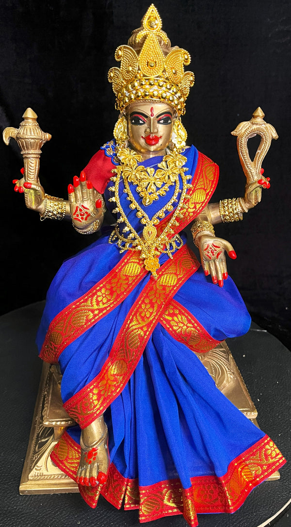 Deity Unstitched Meenakshi Saree made of Plain Silk (Not Pure Silk) - Royal Blue Saree with Red border and Red blouse