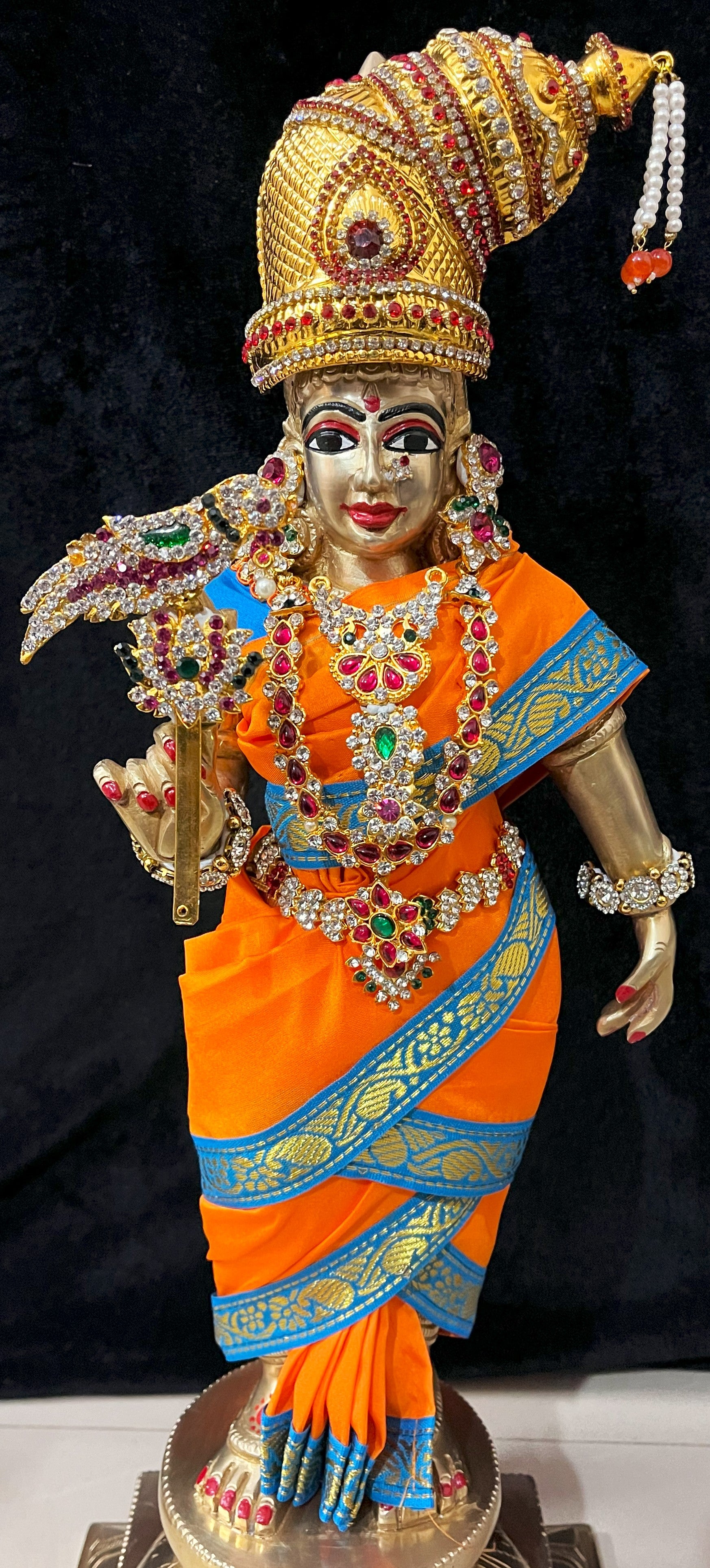Deity Unstitched Meenakshi Saree made of Plain Silk (Not Pure Silk) - Orange Saree with Sky Blue border and Sky Blue blouse 2