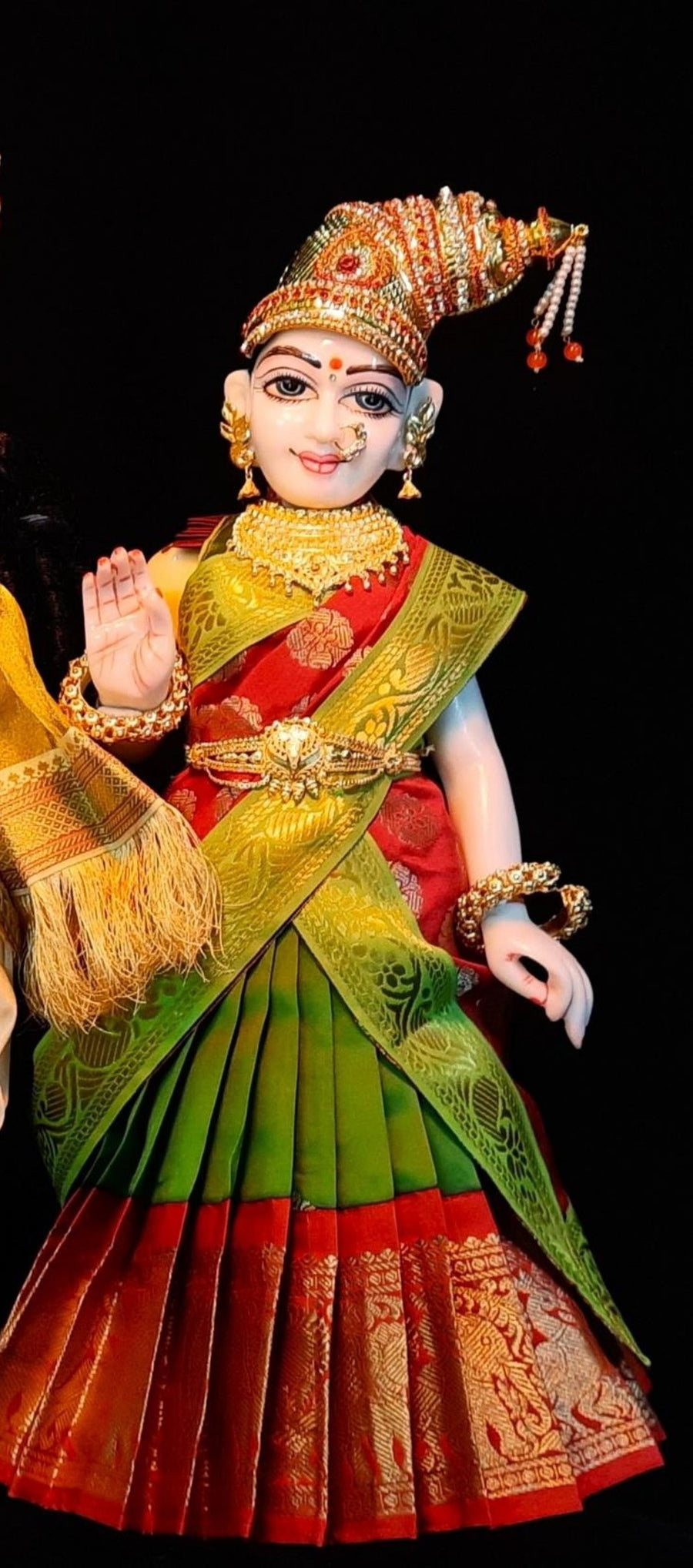 Deity half saree / lehenga patka made of Kanchivaram Pure Silk fabric. - Parrot Green colour lehenga with Red Border and Red colour dupatta