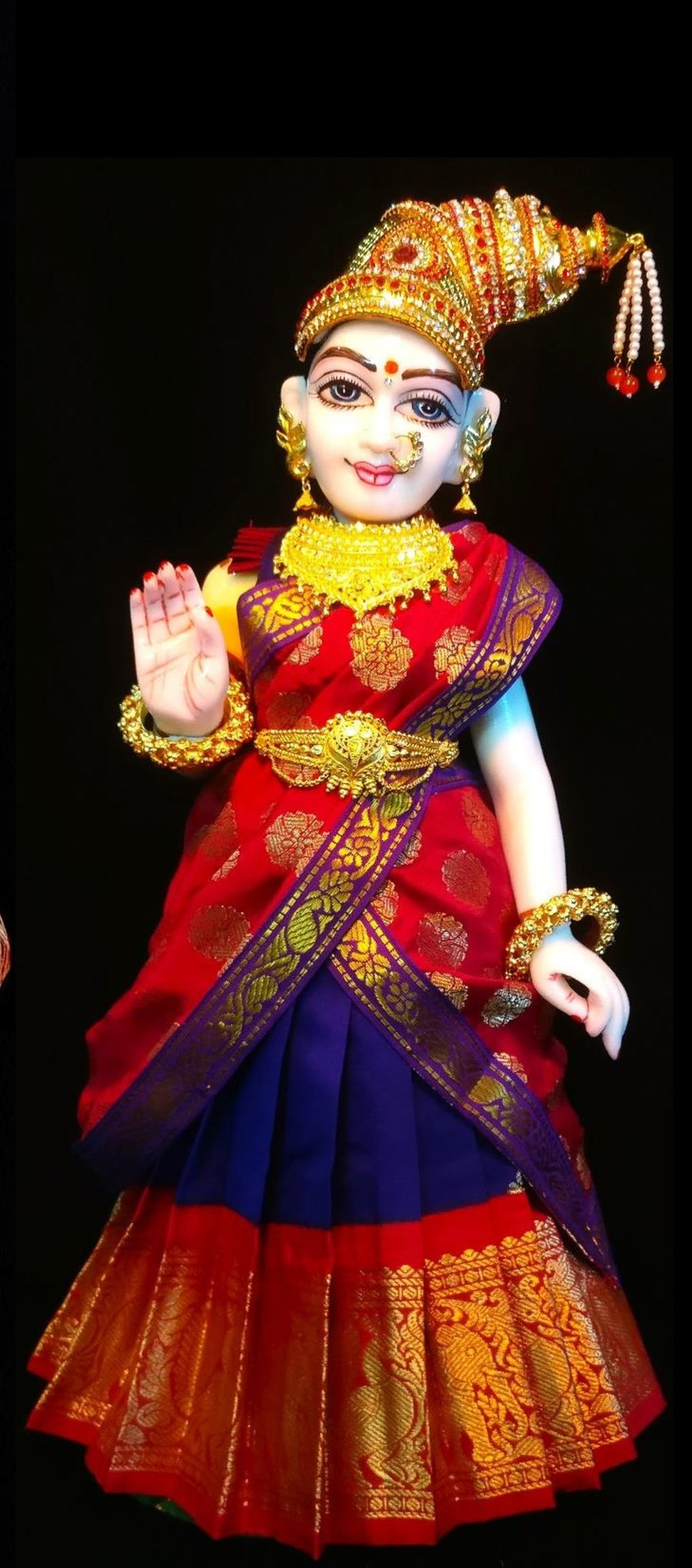 Deity half saree / lehenga patka made of Kanchivaram Pure Silk fabric. - Purple colour lehenga with Red Border and Red colour dupatta