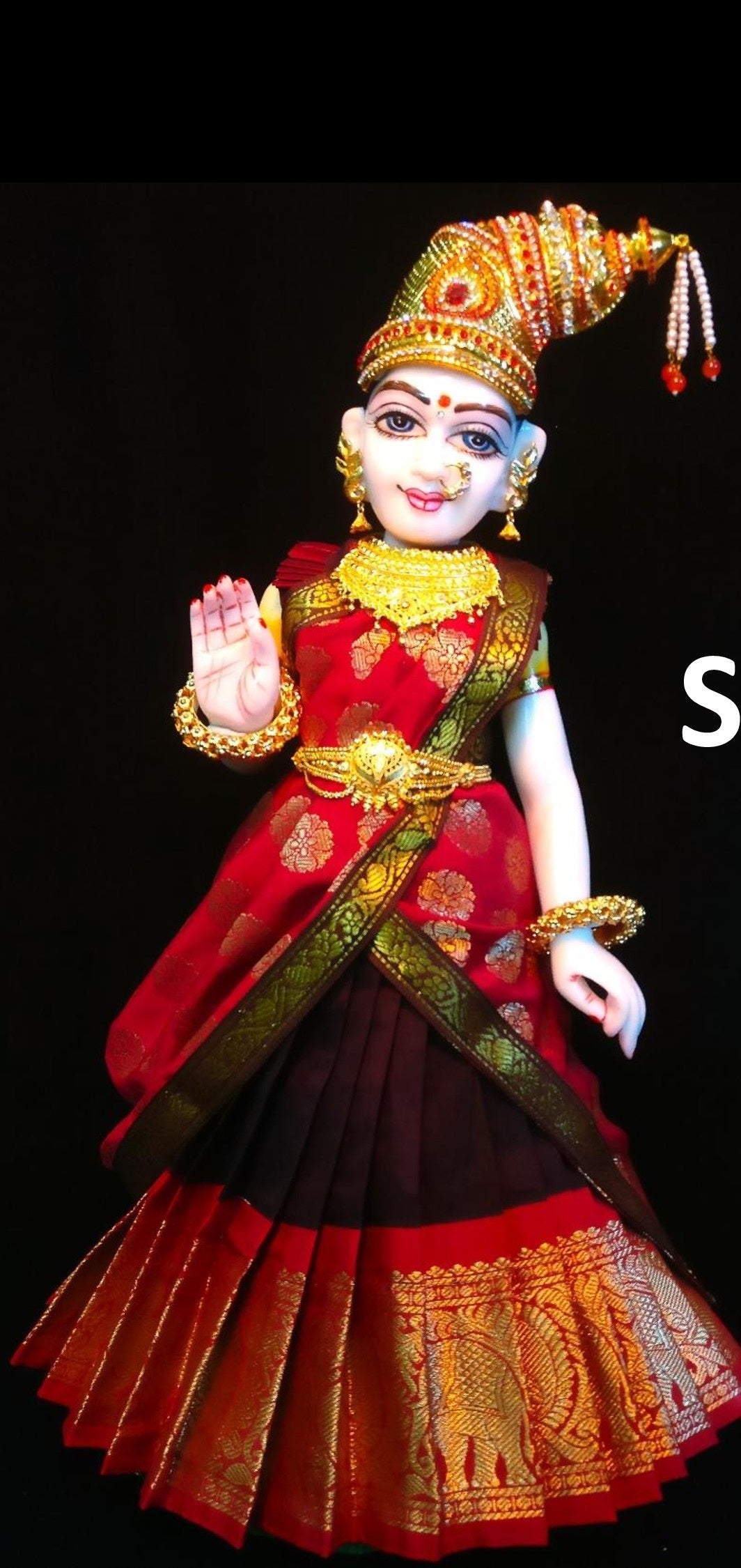 Deity half saree / lehenga patka made of Kanchivaram Pure Silk fabric. - Dark Brown colour lehenga with Red Border and Red colour dupatta 1